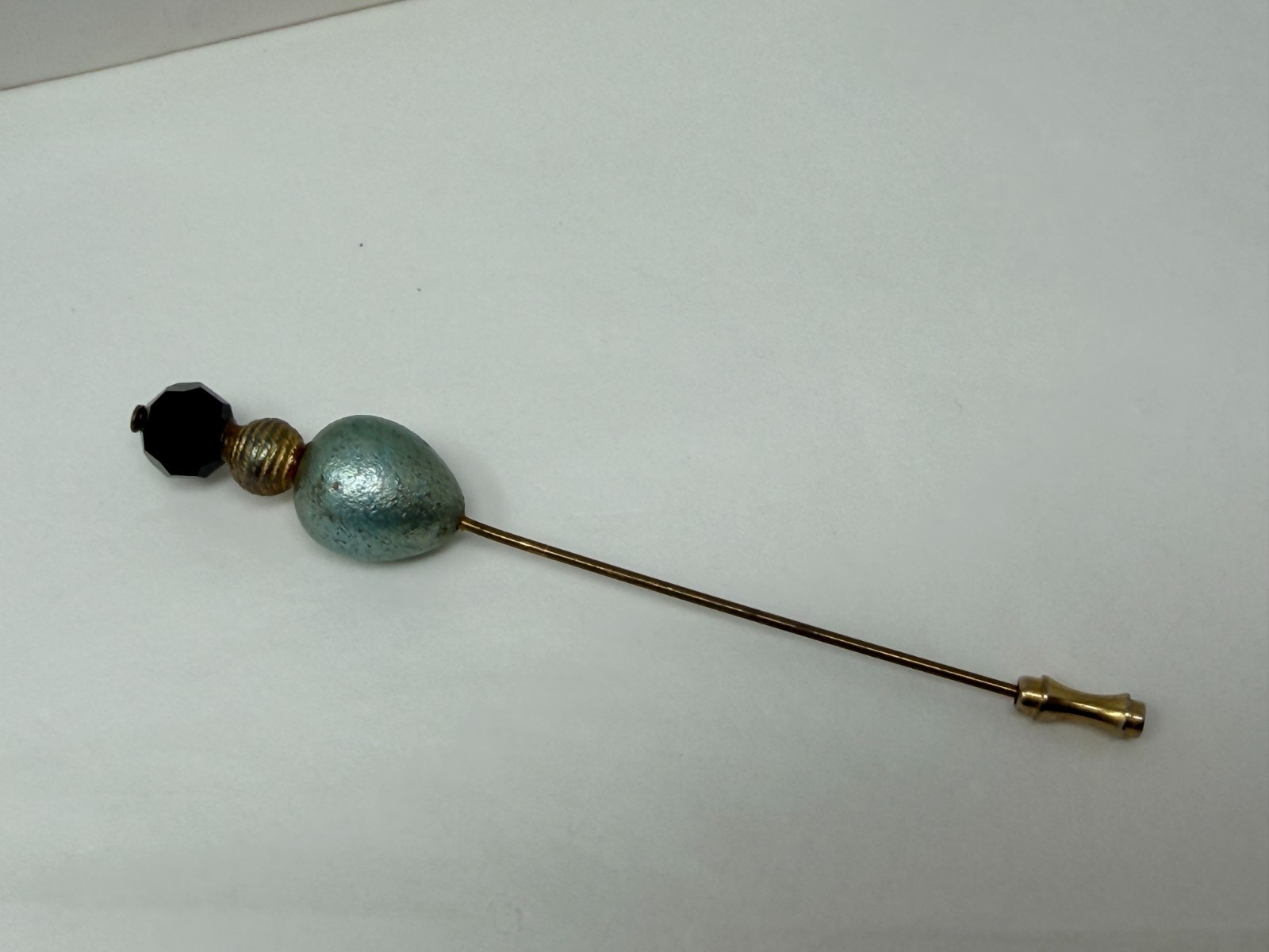 Vintage Gold Tone Light Teal Blue and Black Beaded 4-1/8” Long Hat Stick Pin