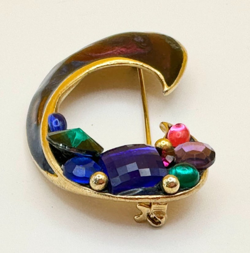 Gold Tone Multicolor Enamel & Rhinestones Brooch Vintage