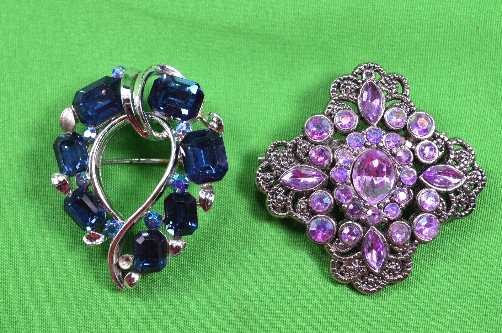 2 Vintage Crystal Rhinestone Brooch Pins,Blue Signed Lisner & Violet/Pink, M93