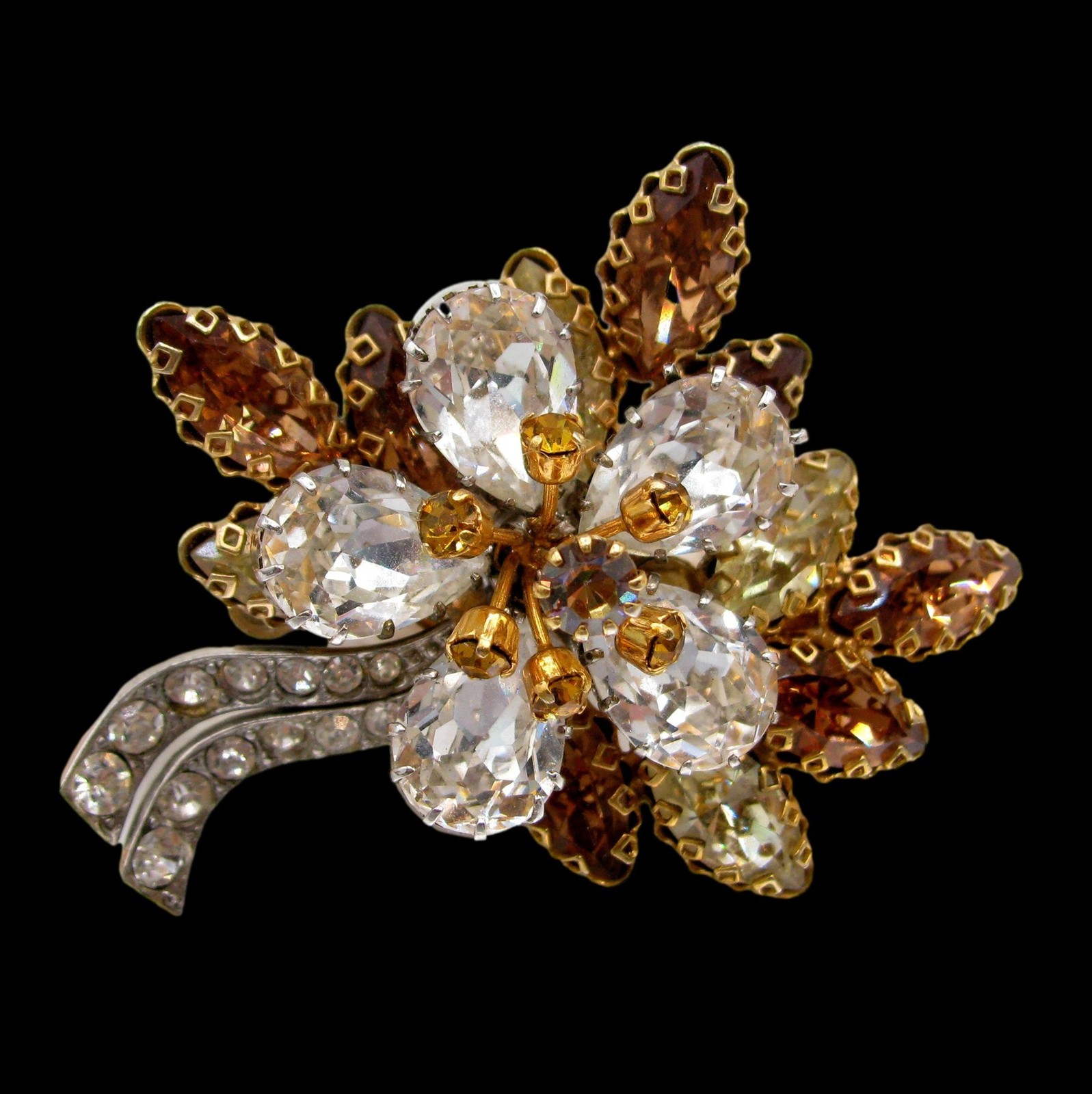 Amazing AUSTRIA Floral Rhinestone Pin Gold Silver Tone Austrian Brooch