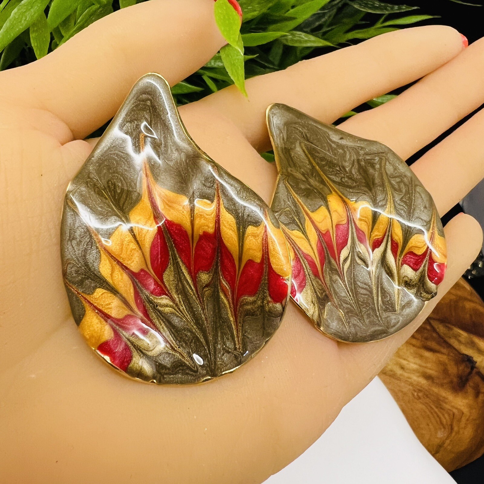 Vintage Huge Earrings Enamel Abstract Gold Green Red Yellow Flame Oversized 4001