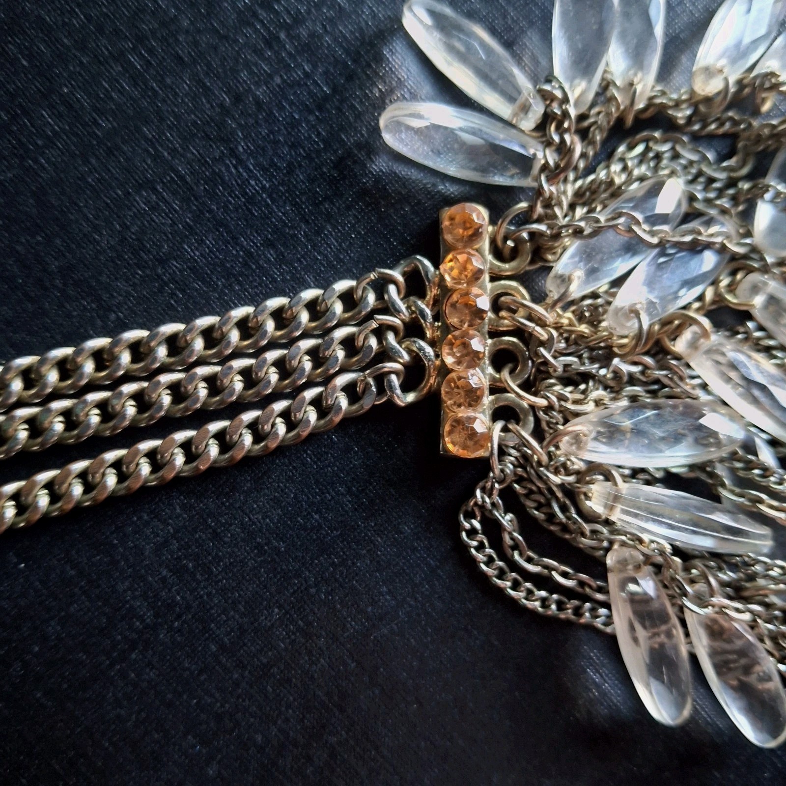 VTG Statement Bib Necklace Multi-Strand Fringe Featuring Clear Lucite Teardrops