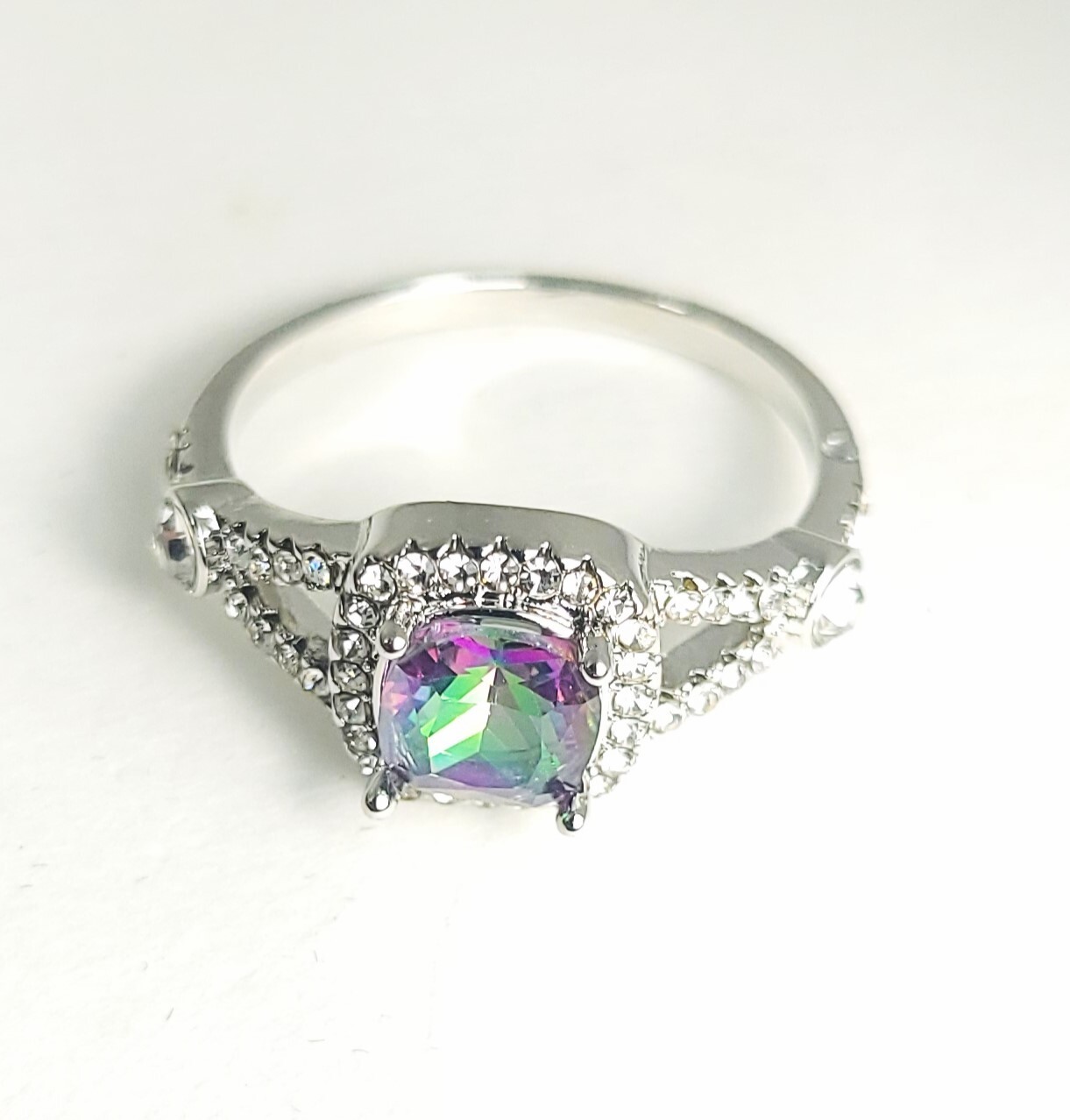 Square Cushion Cut Mystic Topaz Lab Created Diamonds Surrounding Ctr Eng Ring
