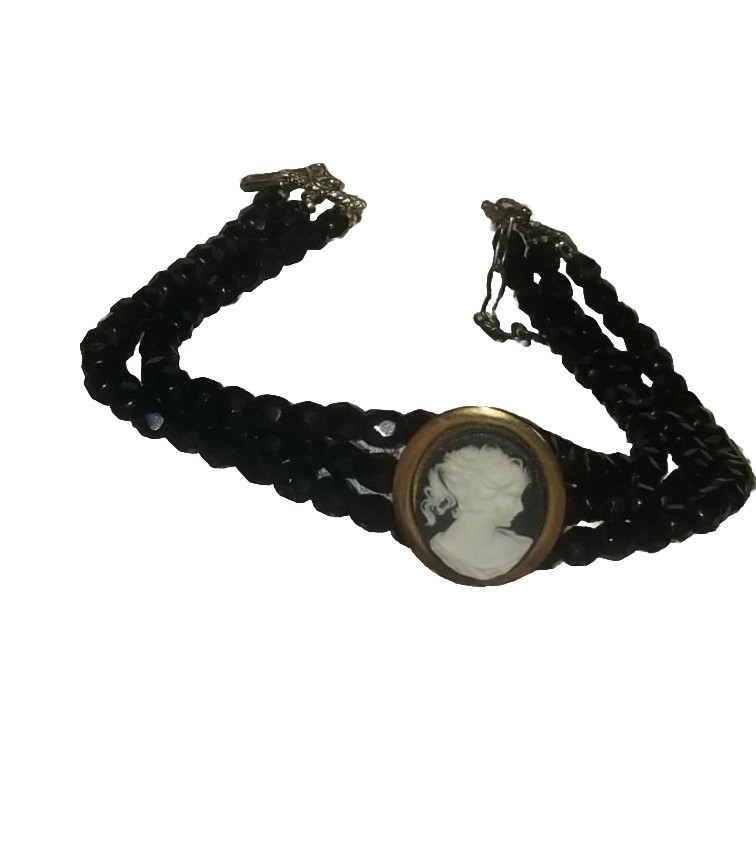 Cameo Necklace, Antique Jet Black Glass,3 Strand Choker, 16 1/2 inch, Gold Tone
