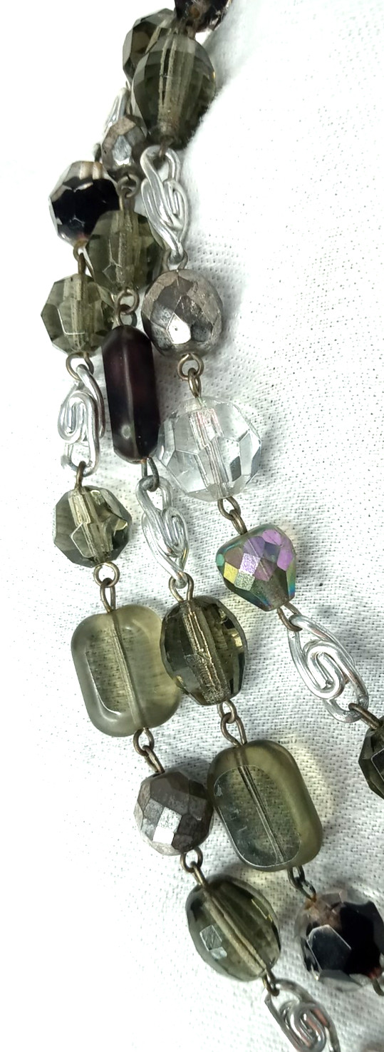 Vintage Smokey Green Beaded Bib Necklace 3 Strands Faceted Crystals W. Germany