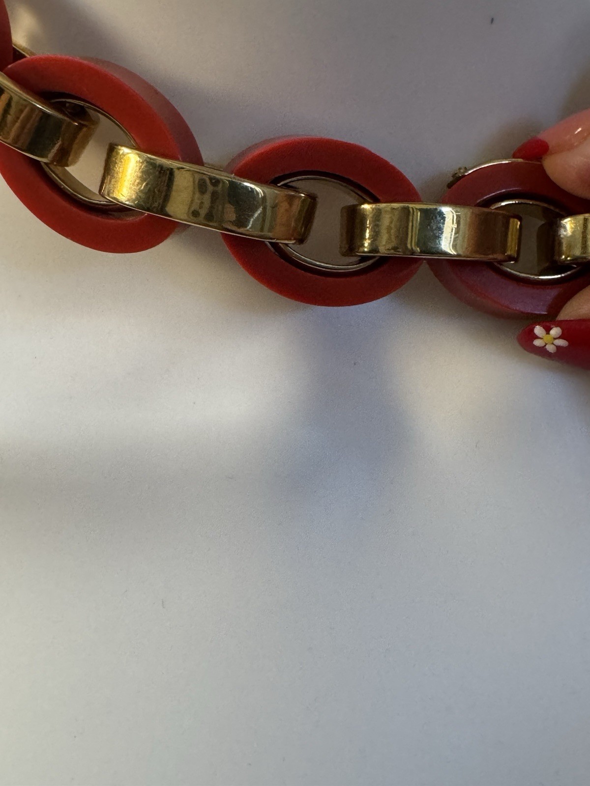 Vintage 1980″s Henri Bendel Chain Link Choker Necklace red lucite and gold plate