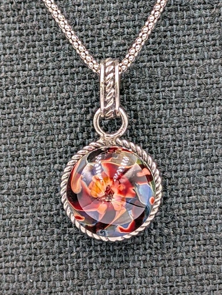 Vtg Sterling Silver Multi Color Art Glass Dome Pendant 18″ Popcorn 925 Necklace