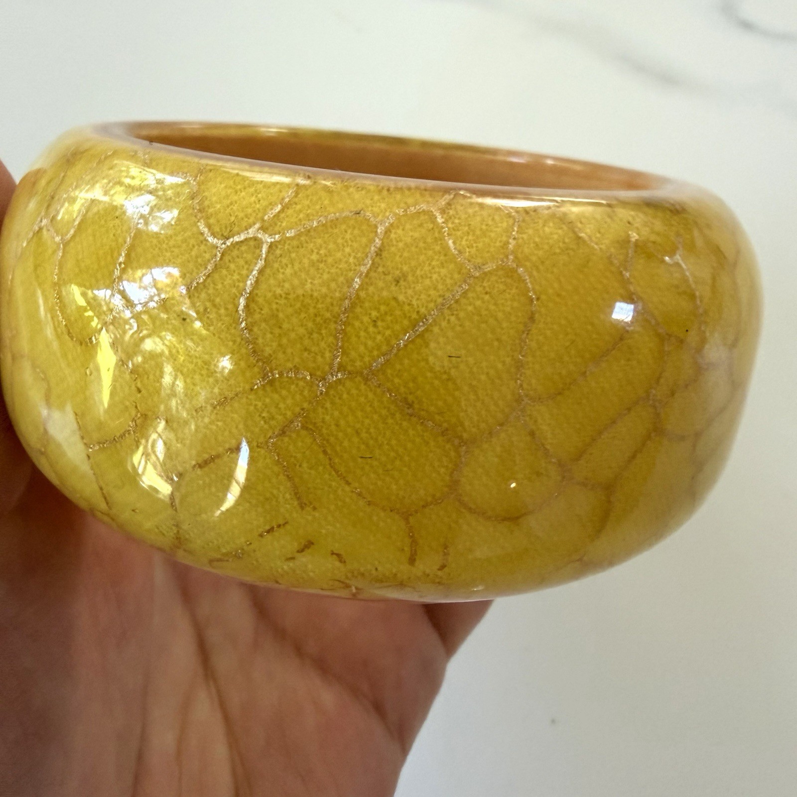 Vintage Yellow Crackle Glaze Bangle Bracelet Wide Ceramic Encased Wood Boho