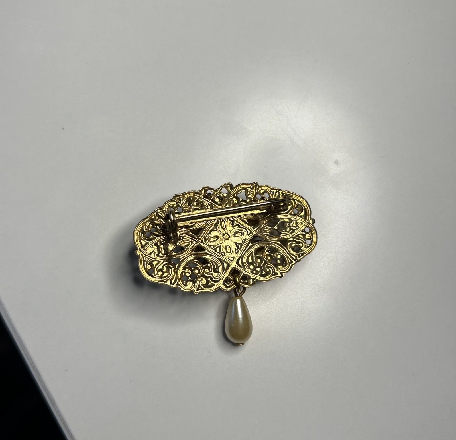 Vintage Brooch Gold Tone Floral Dangle Faux Pearl With Enameled Rose Filigree