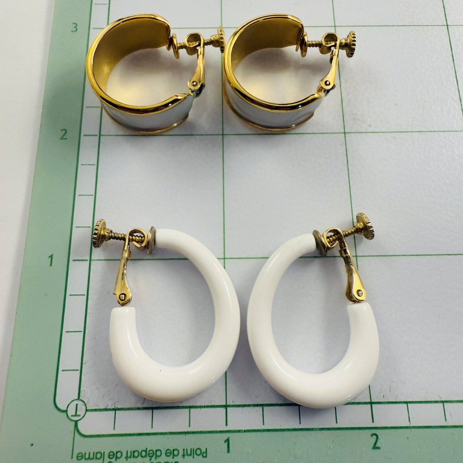 Vintage Two Pair of NAPIER Signed White Adjustable Clip on Earrings Gold Tone