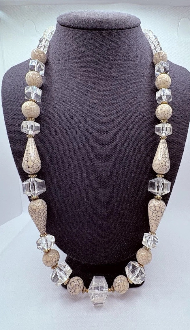 Vintage Faceted Acrylic And Faux Stone Necklace Large Beads Statement Cream