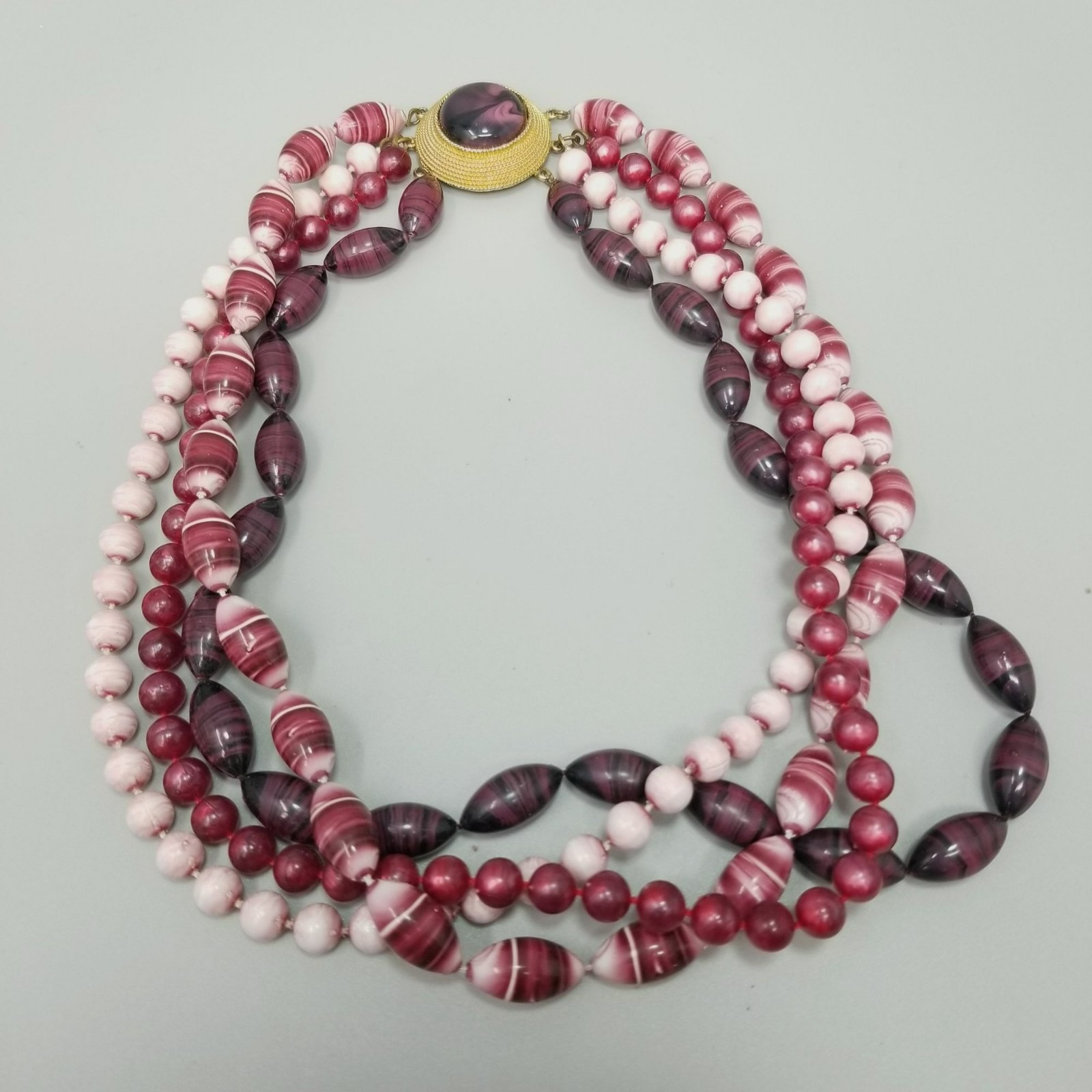 Vintage 8 Strand Pink Red Purple Beaded Necklace 18 Inch Fancy Clasp