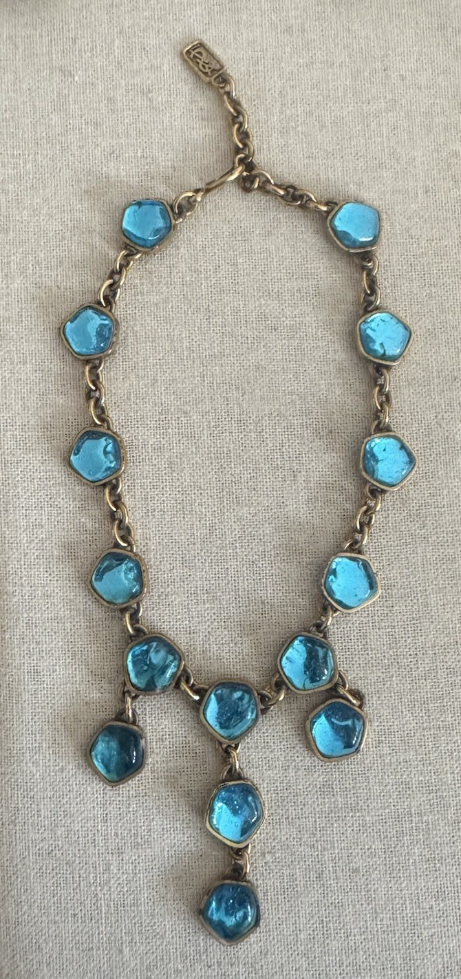 Vintage YSL Yves Saint Lauren Turquoise Blue Cabochon Chain Dangle Necklace 16”