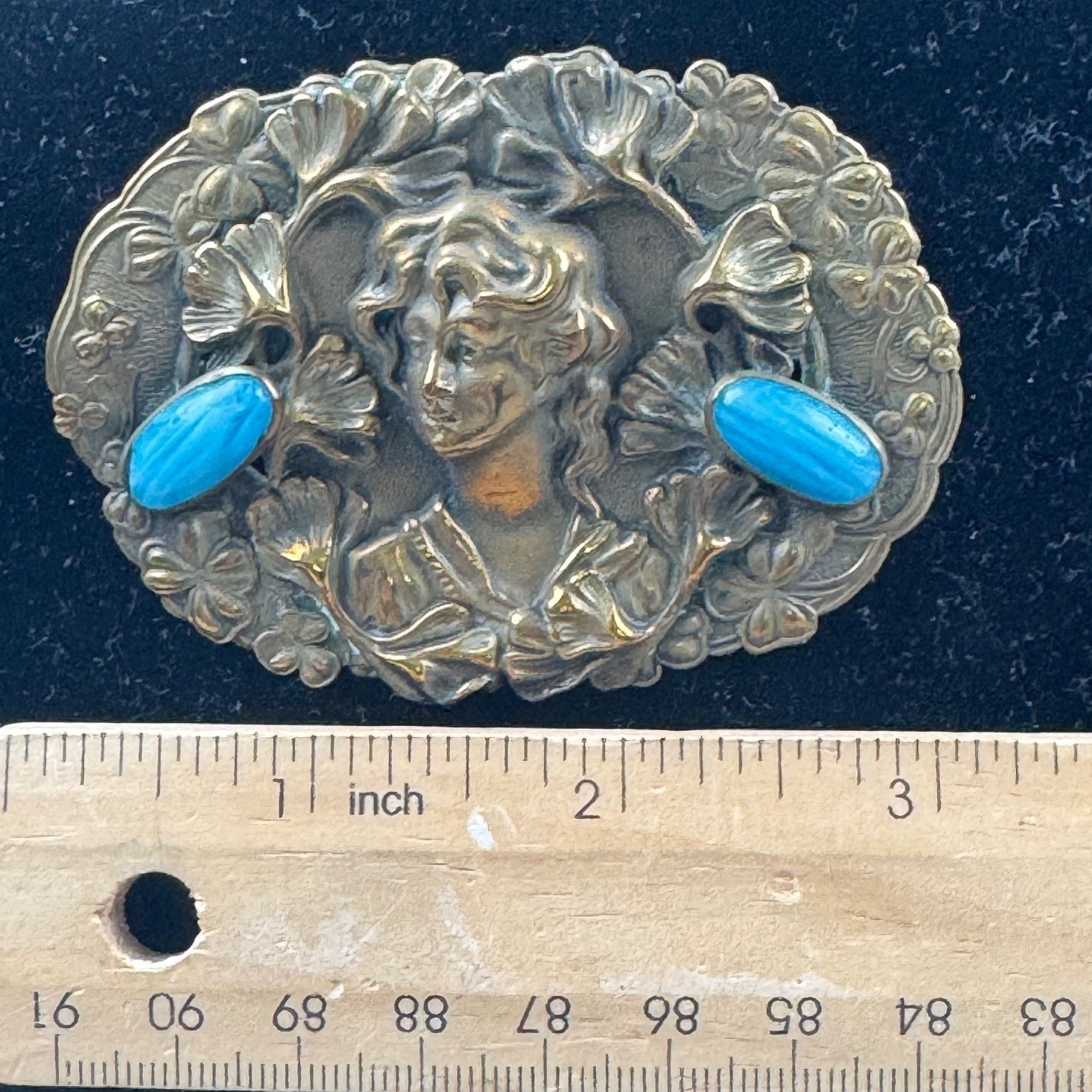 VTG Art Nouveau Revival Repousse Maiden Sash Pin Brooch Ginkgo Faux Turquoise