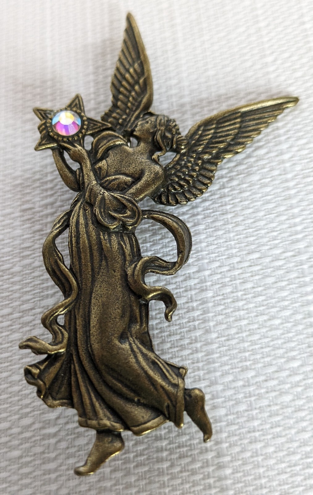 Vintage Angel Carrying Star Pin Brooch Gold Tone with 1 Glass Rhinestone 3.3 In