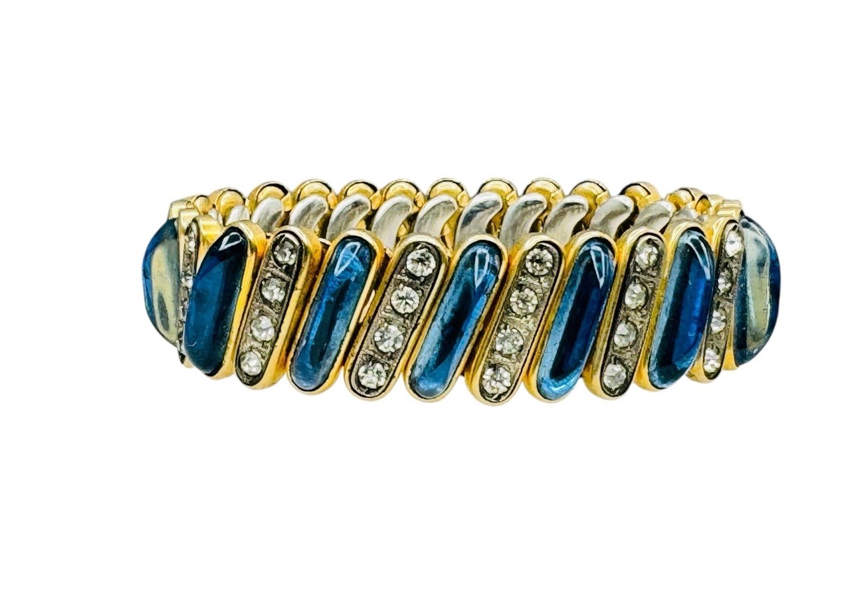 Vintage Blue Glass Cabochon Expansion Bracelet Rhinestones Nice DFB Co