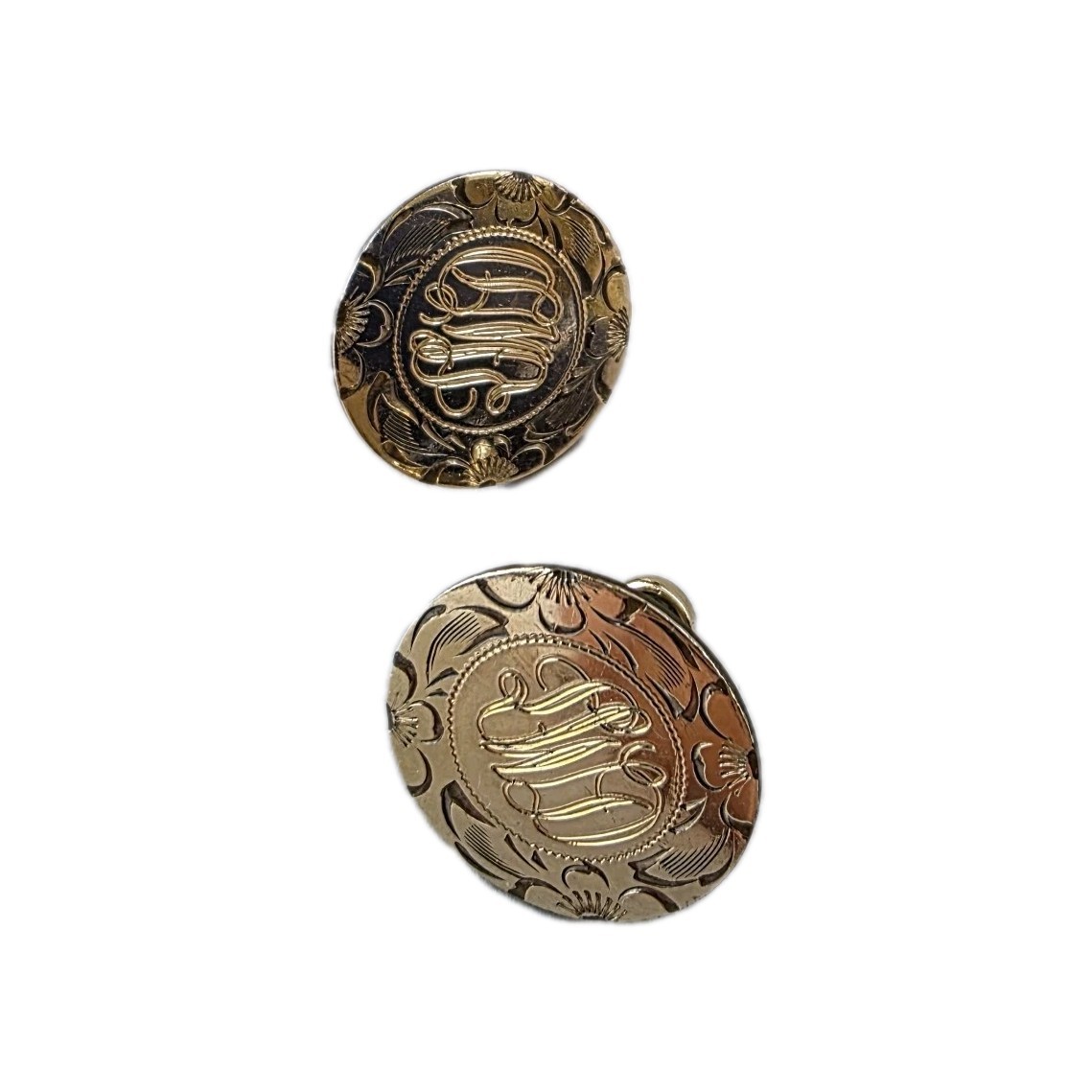MK Monogram Screw Back Earrings Gold Filled 1″ Coin Round Old Money Signed Vtg