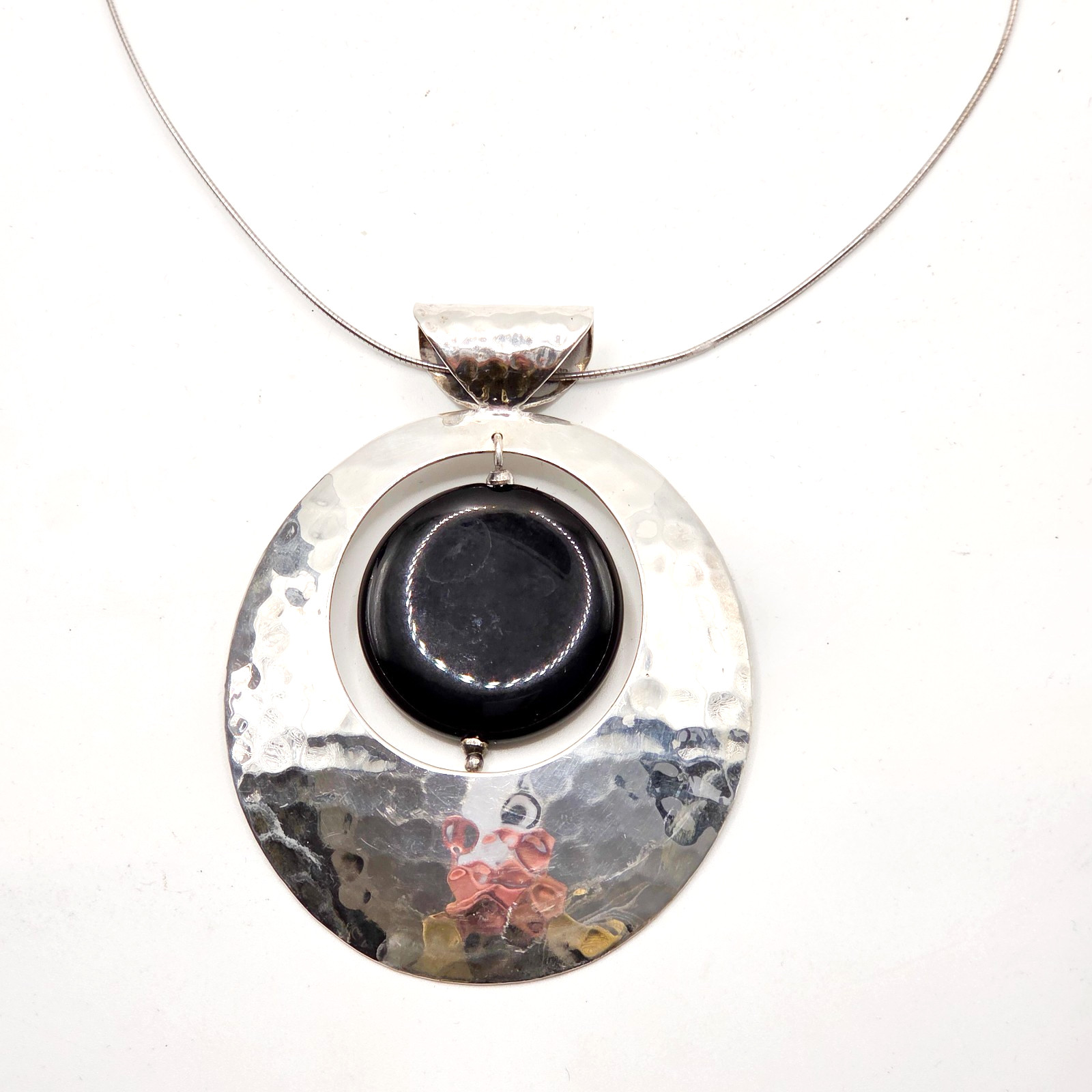 Large Dominique Dinouart 925 Silver Pendant Hammered Onyx Dangle Accent Vintage