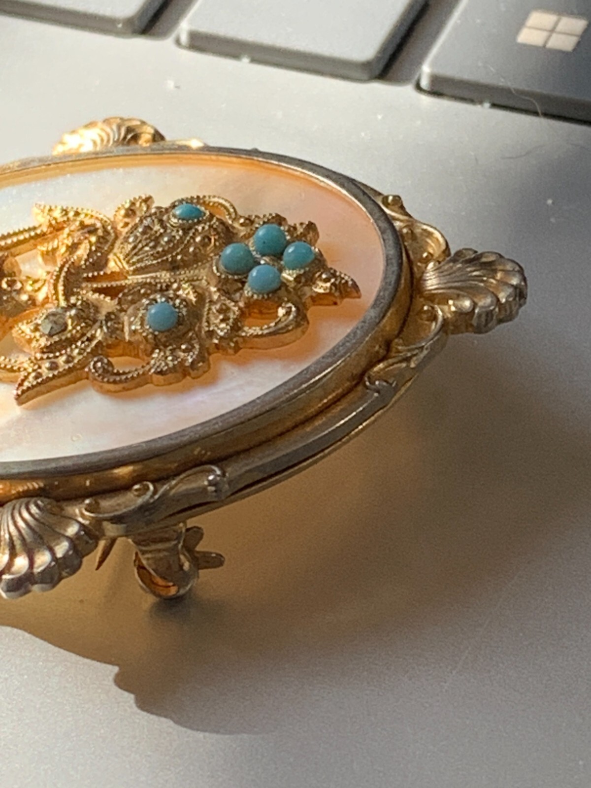 Mourning Pin Gold Wash Marquisate Turquoise Stones Florenza? Victorian Revival
