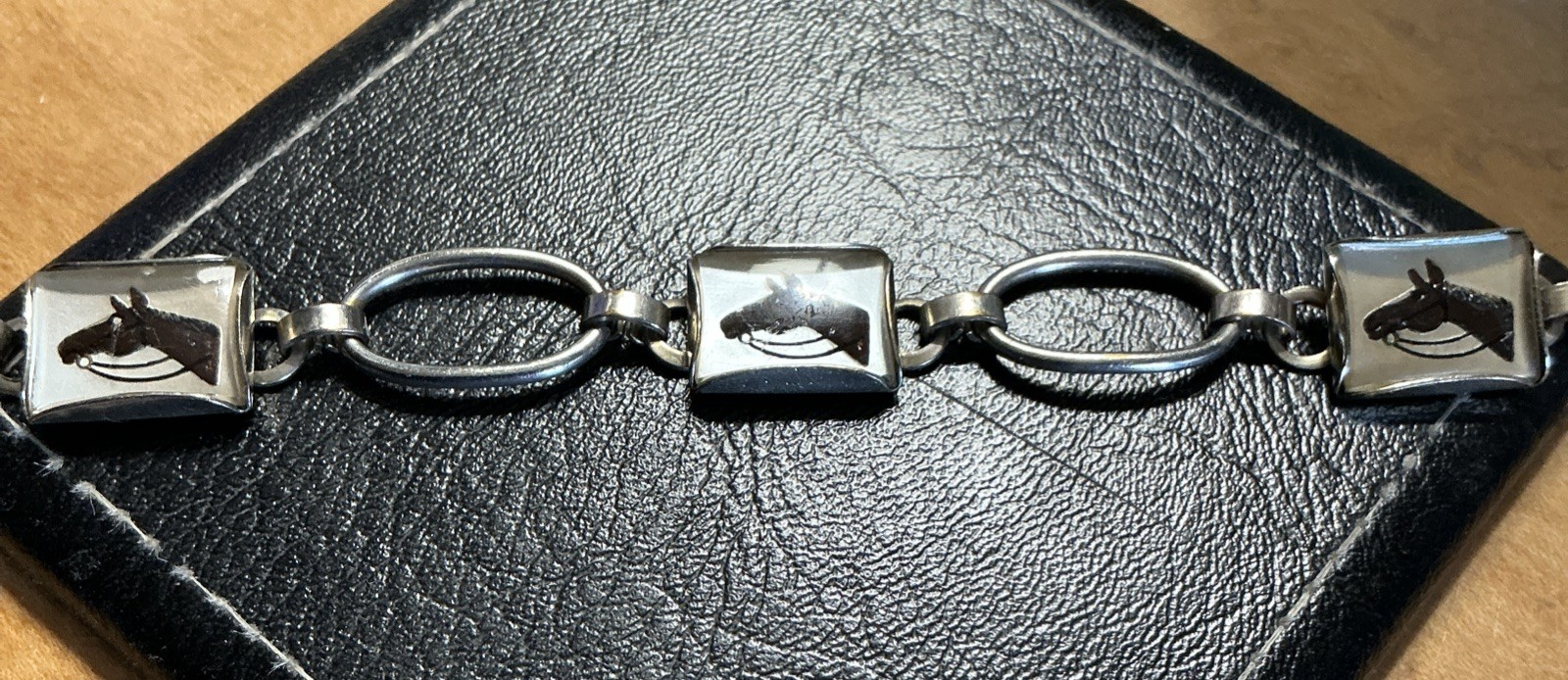 Vintage Silver Reverse Painted Intaglio Glass Horse Head Equestrian Bracelet