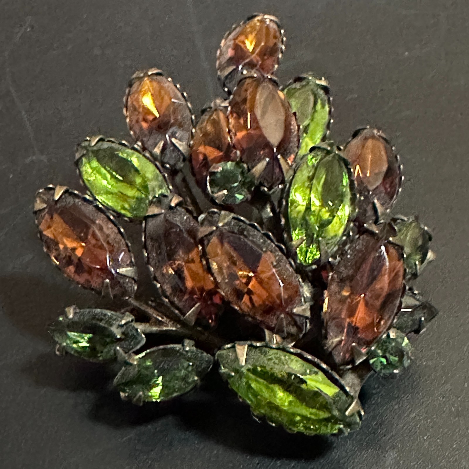 Vintage Rhinestone Brooch – Fall Colors Amber & Green Leaf 1940s