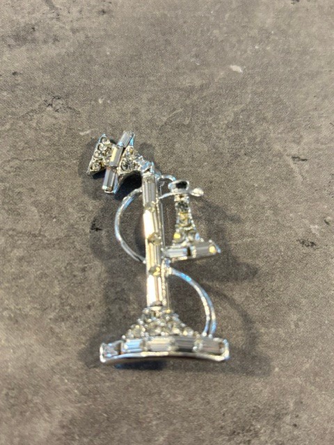 2 VINTAGE CANDLESTICK TELEPHONE BROOCHES- RHINESTONES AND FAUX PEARLS