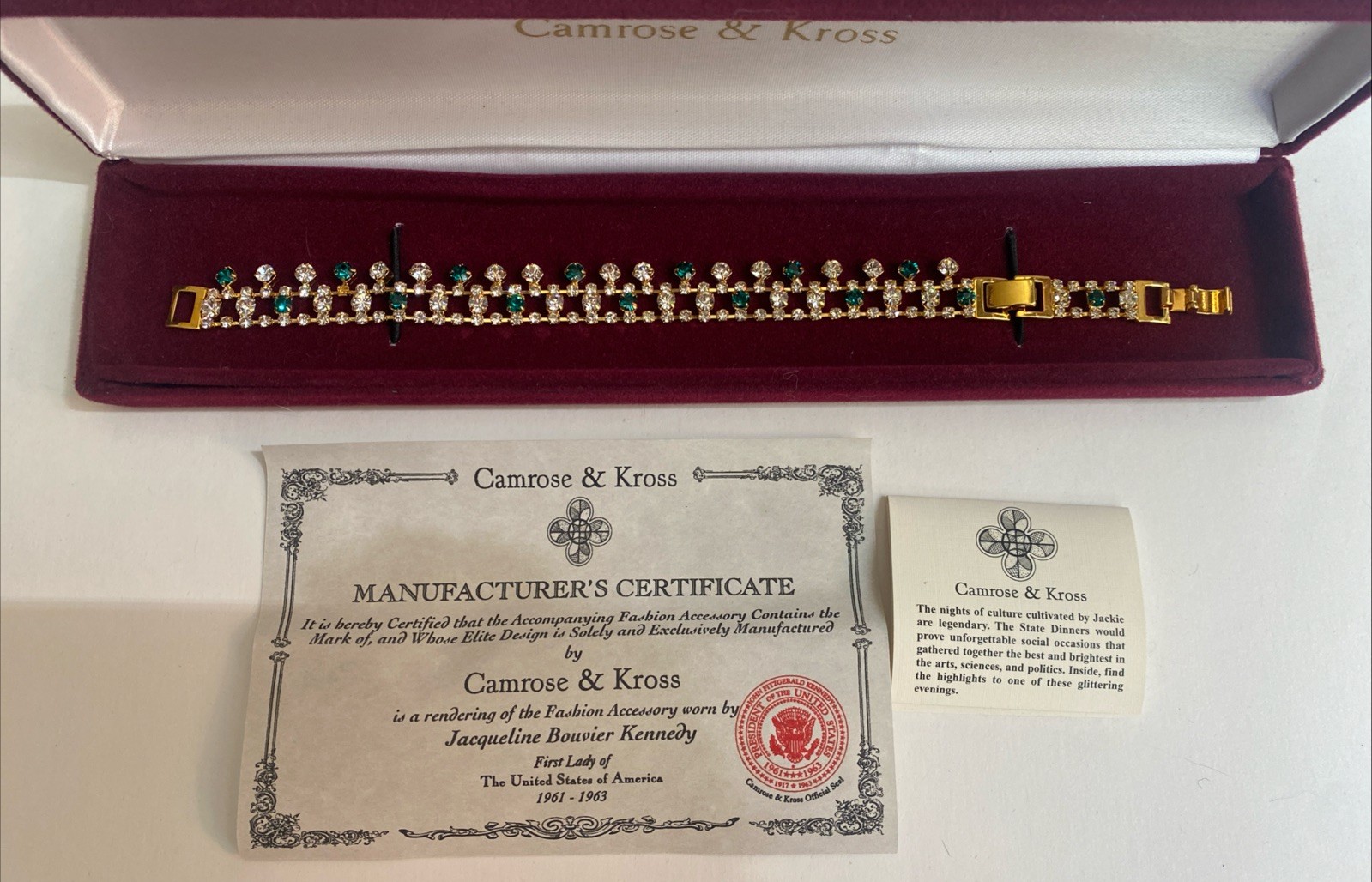 Camrose & Kross Jackie Kennedy JBK Emerald Crystal Gold Chain Link Bracelet