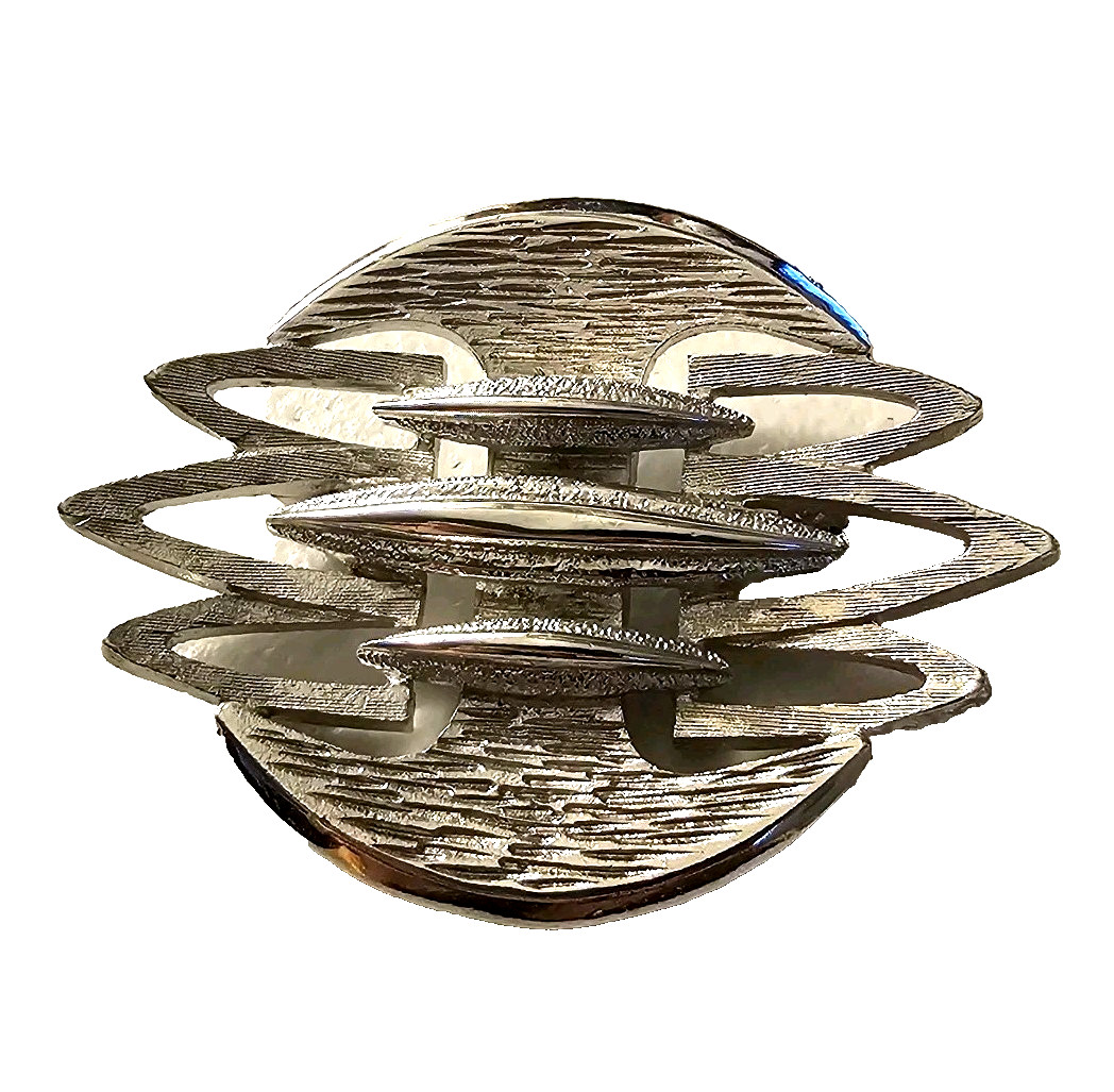 VTG CORO MCM Modernist Brutalist Silver Tone Brooch 2″ x 1.5″ Geometric Textured