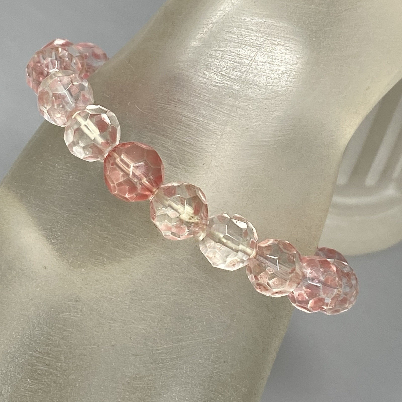 Pink Glass Beaded Bracelet Fire Polished Faceted Stretch Elastic Iridescent 6″