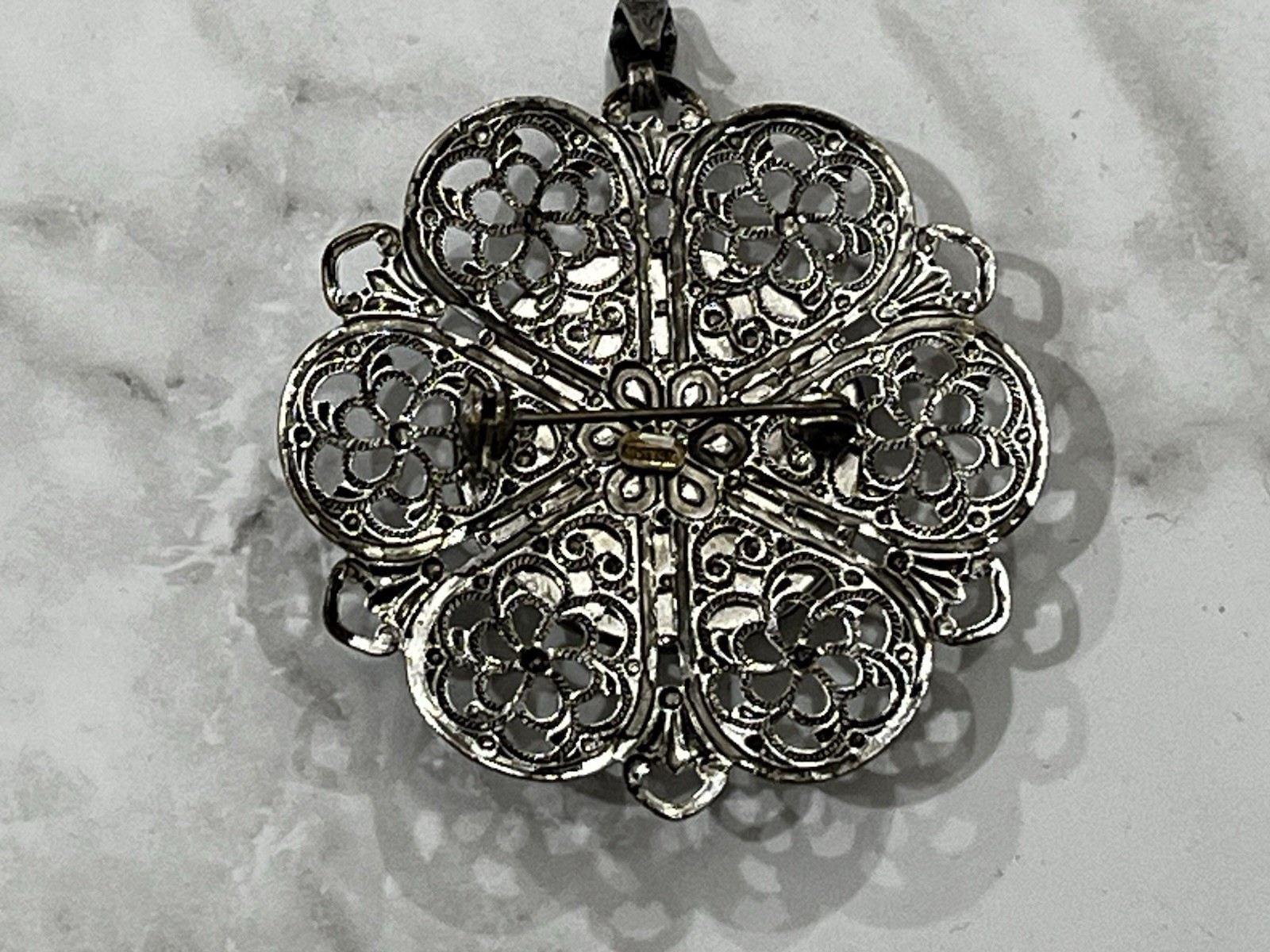 Vintage Silver Tone Austria Pendant Brooch Embroidered Petit Point Rose Bouquet
