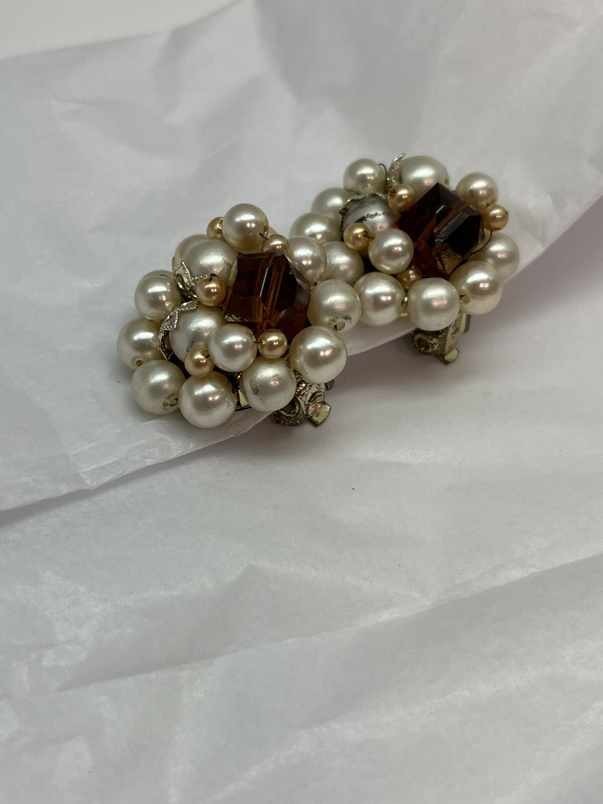 Vintage Faux Pearl Clip On Earrings Cluster Round Brown Crystal Japan 1”