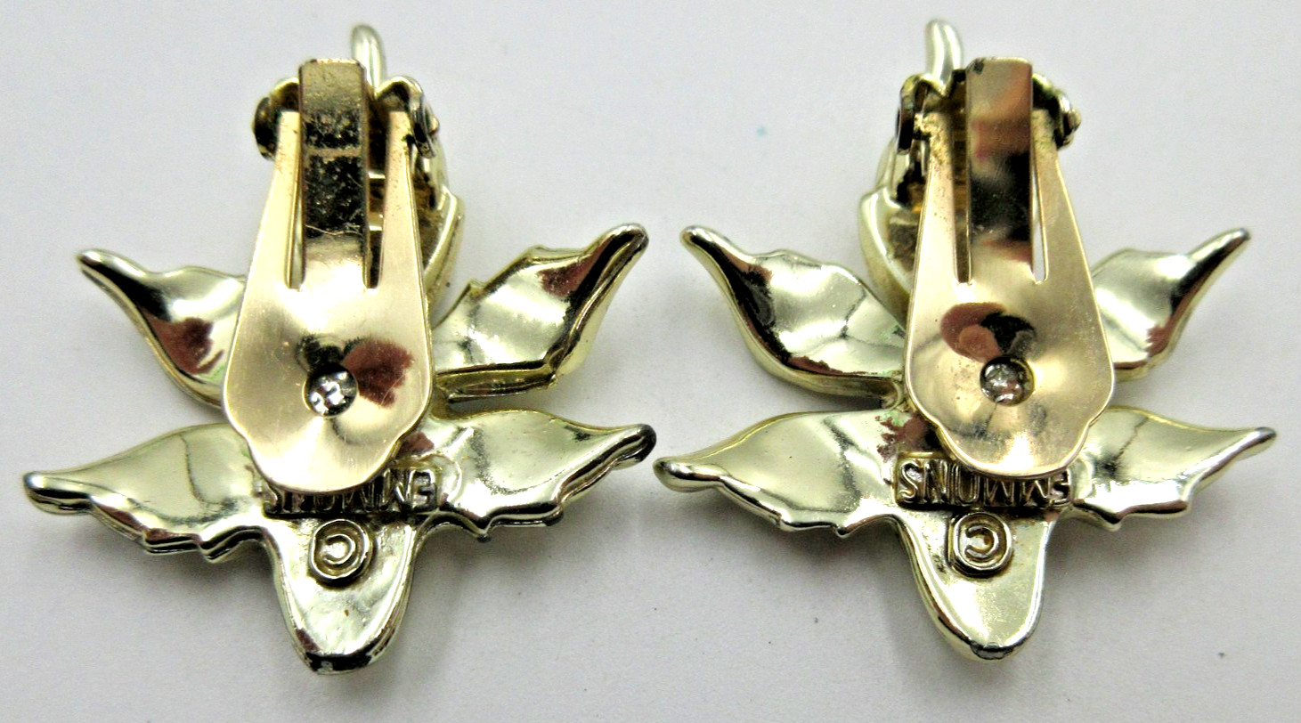 VTG SIGNED EMMONS AB RED BLUE COLORFUL RHINESTONE FLOWER clip on pair Earrings