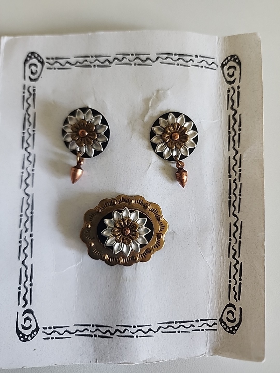 Vintage Multi Metal Flower Rosette Stud Dangle Earrings & Brooch Ornate Layered