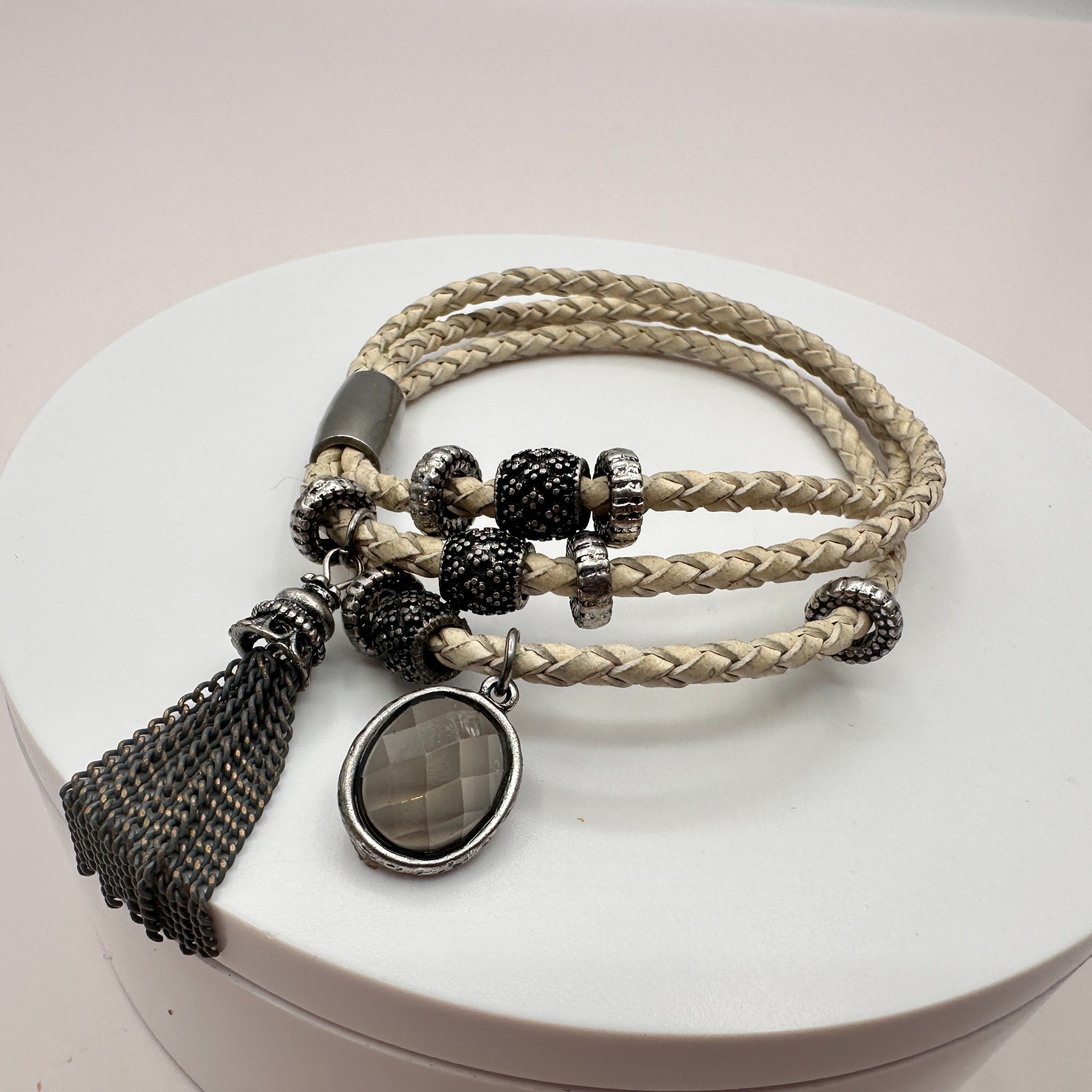 VTG Gunmetal Beige Leather Multi Strand Wrap Bracelet Tassel Charm Druzy Beads