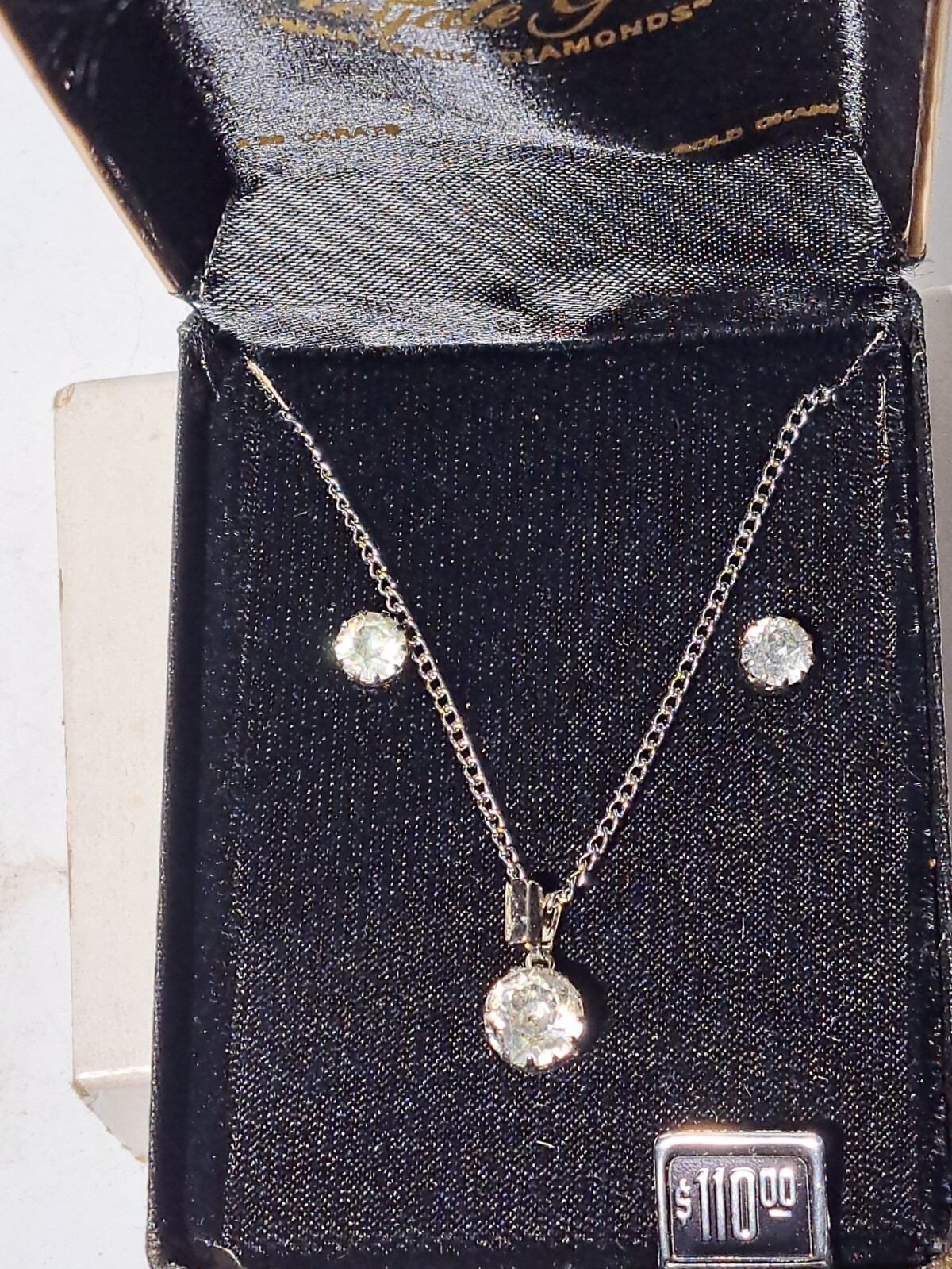 VINTAGE ROYALE GEMS MAN MADE DIAMONDS NECKLACE AND PIERCED EARRING SET NOS