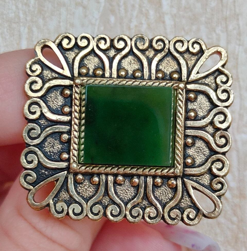 Vintage Soviet beautiful brooches with jade stones, 2 pcs. USSR.
