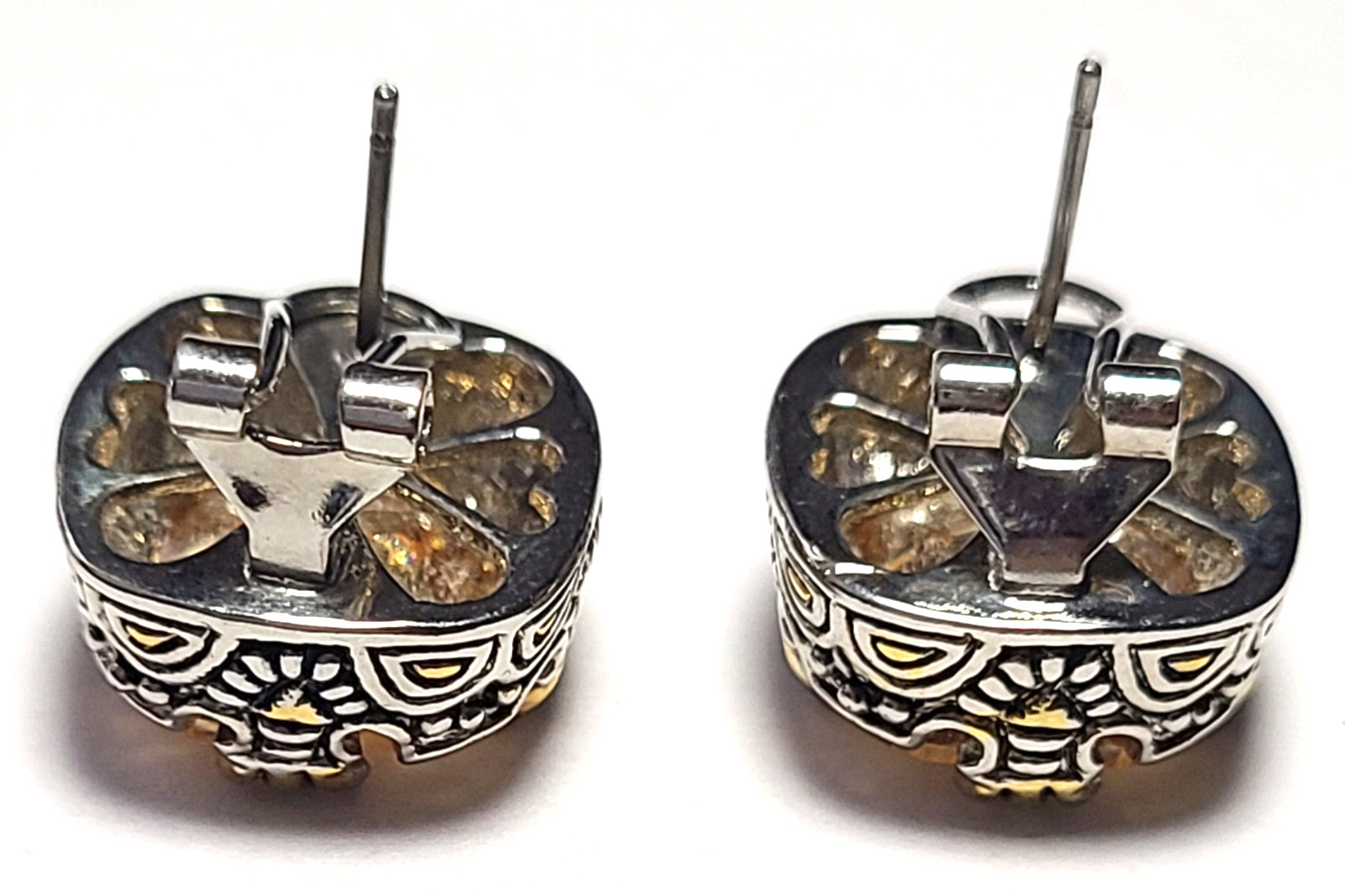VINTAGE STUNNING SILVER TONE YELLOW CITRINE CUBIC ZIRCONIA PIERCED EARRINGS