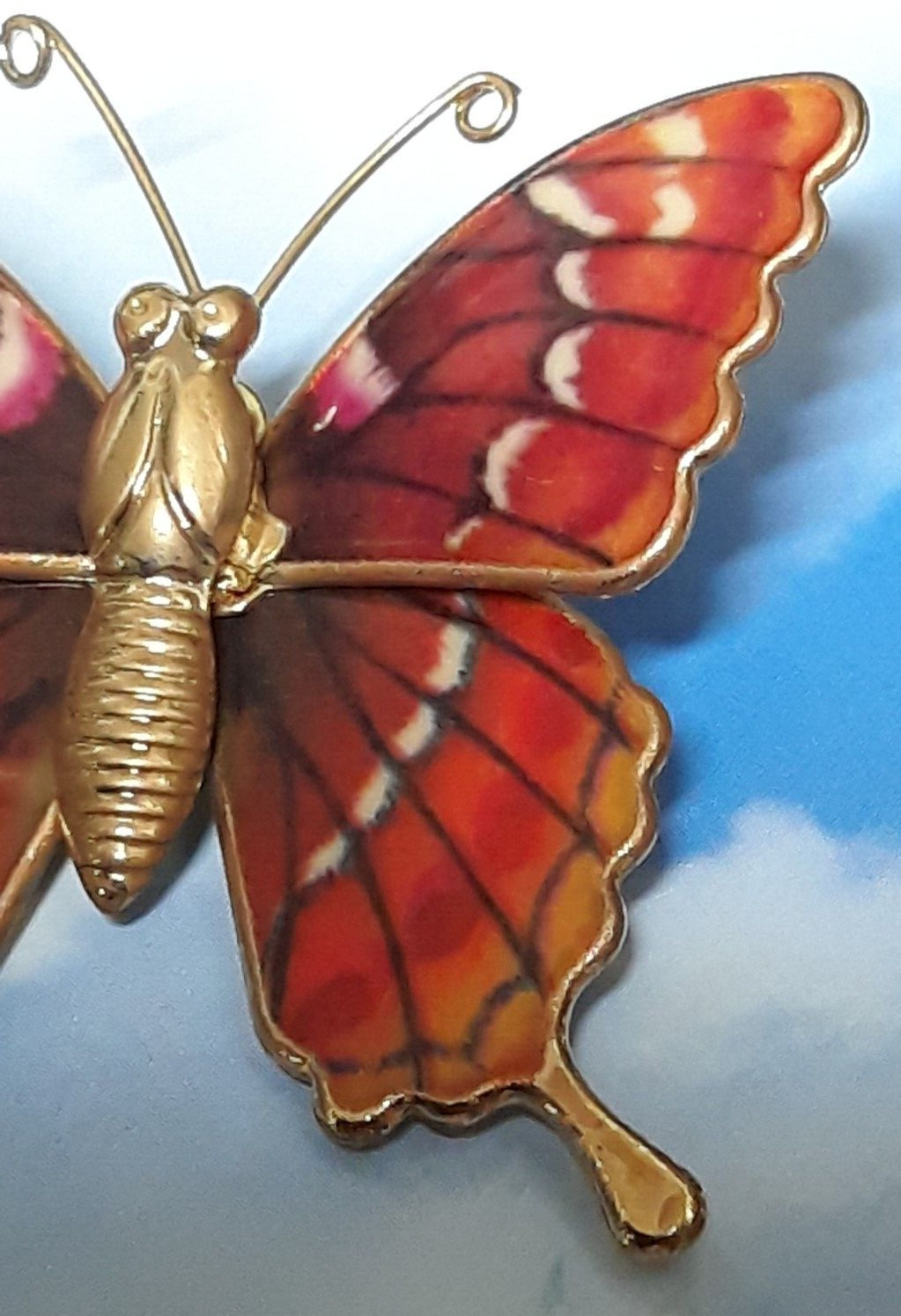 Vintage Brooch Butterfly of Red Orange and Cream Resin on Gold Tone Setting