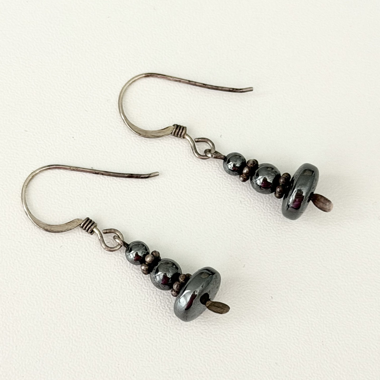 Vintage 925 Sterling Silver Hematite Bead Ball Dangle Earrings