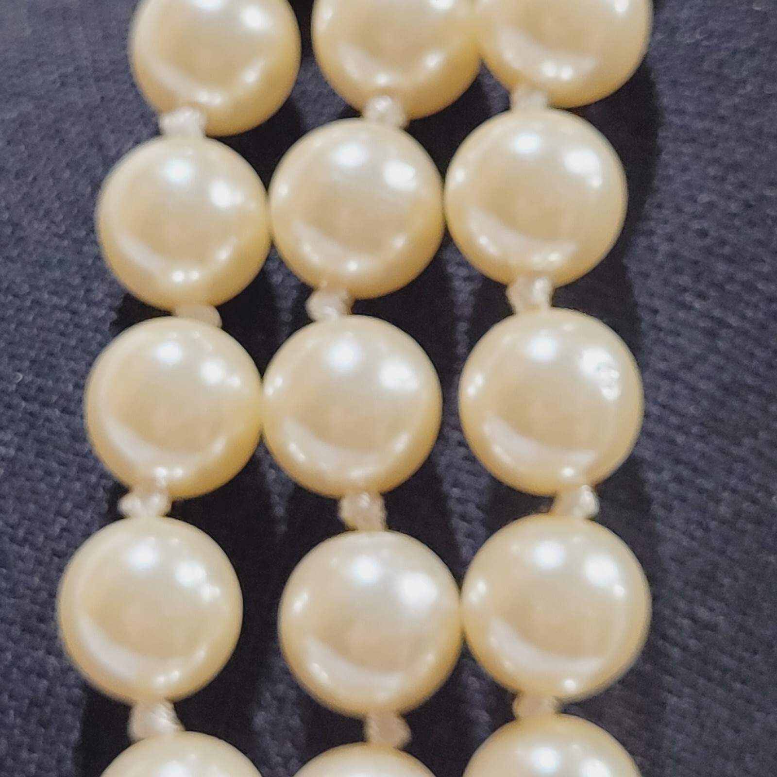 Triple Strand Off White Faux Pearl Knotted Necklace with Gold Tone Clasp 15 Inch