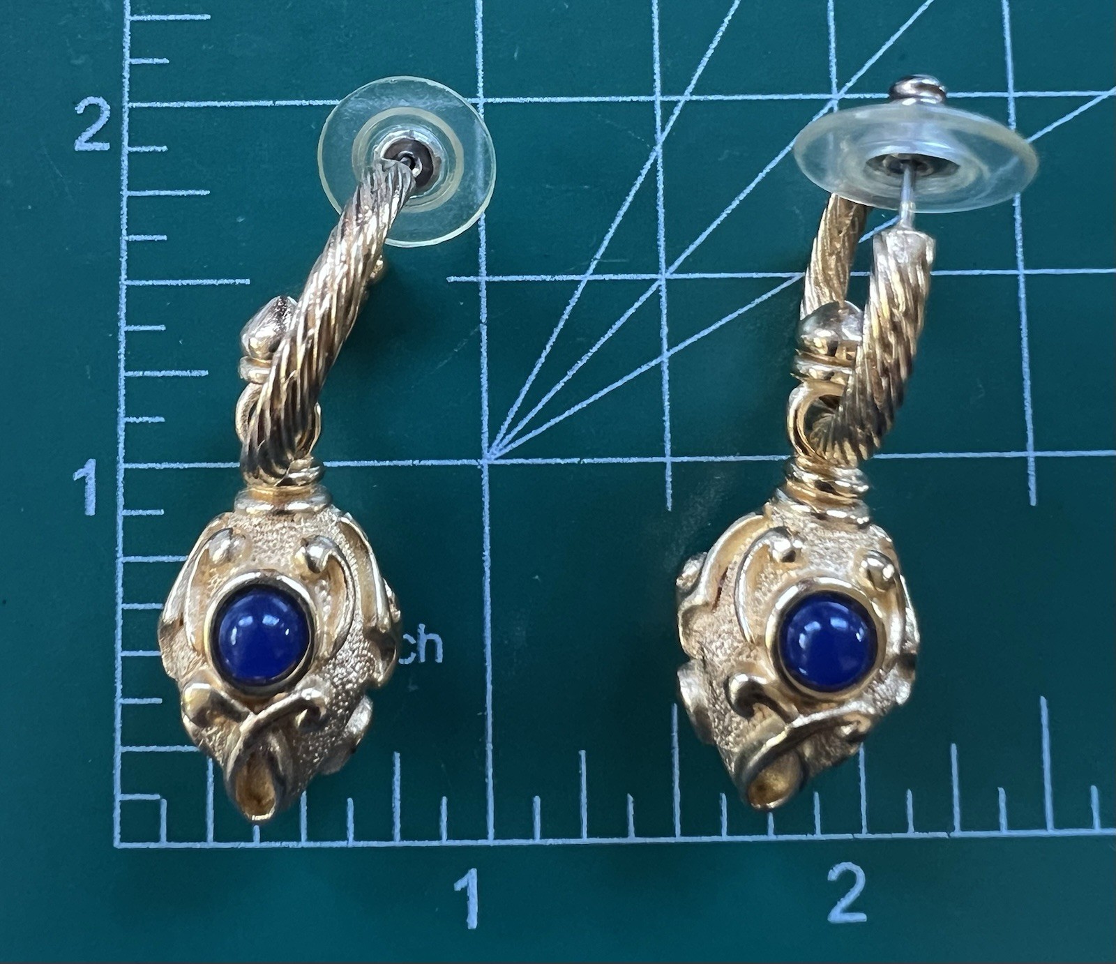 Vintage Estate Gold Tone Faux Cabochon Lapis Lazuli Dangle Drop Pierced Earrings