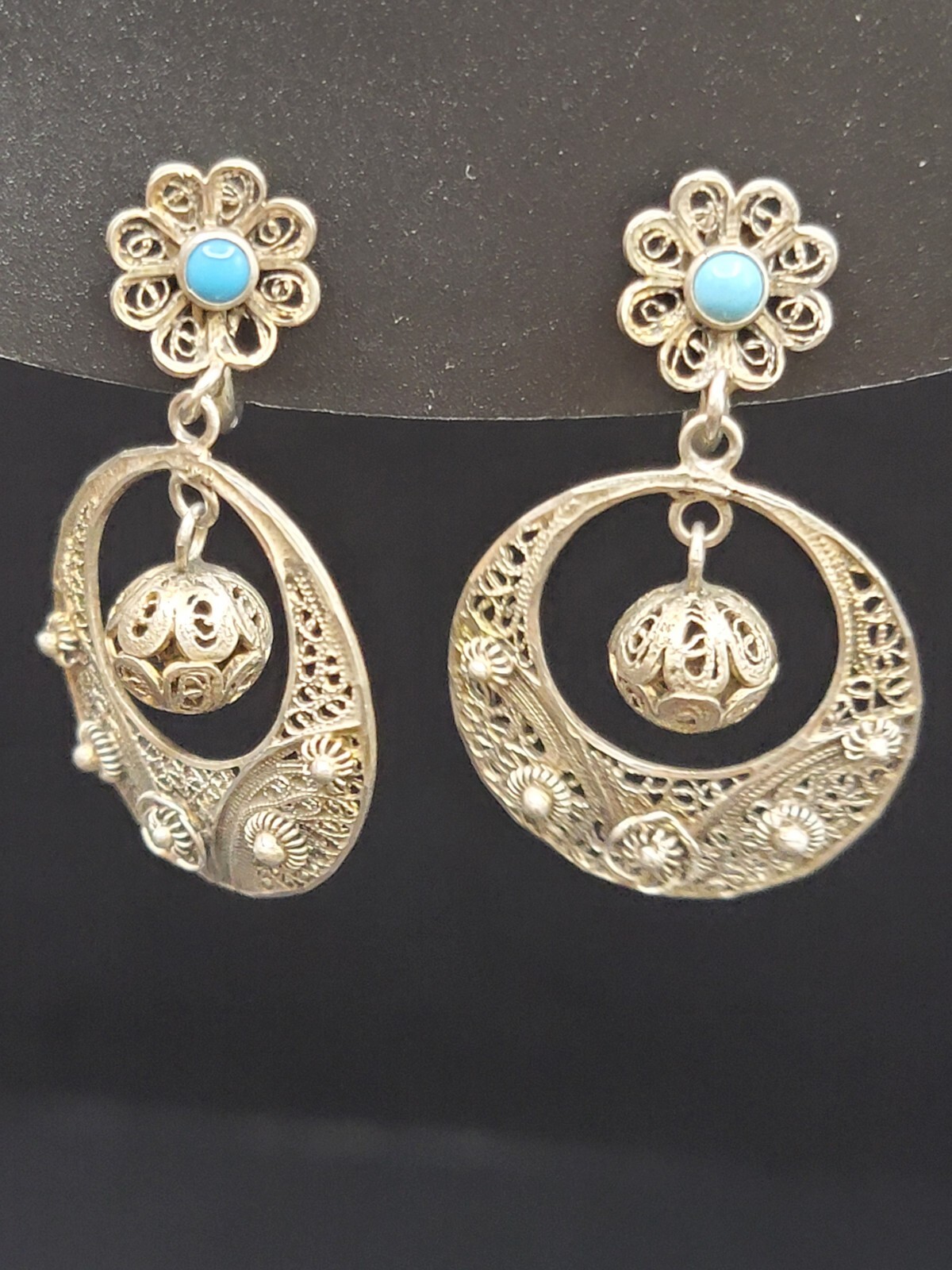 833 Silver Filigree Drop Earrings Turquoise Accent Dangle Vintage Ethnic