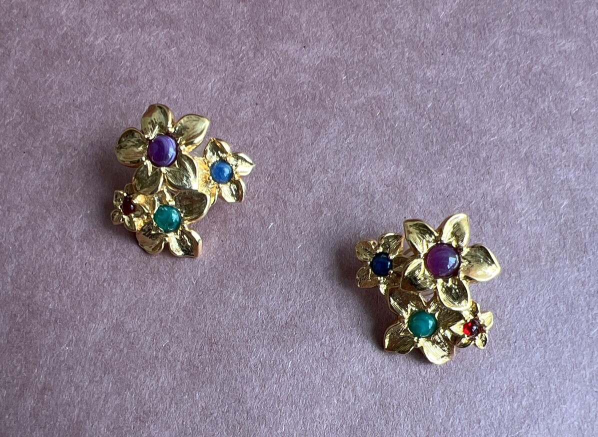 Avon Gold Tone Four Flower Earrings With Blue And Purple Gem Centers