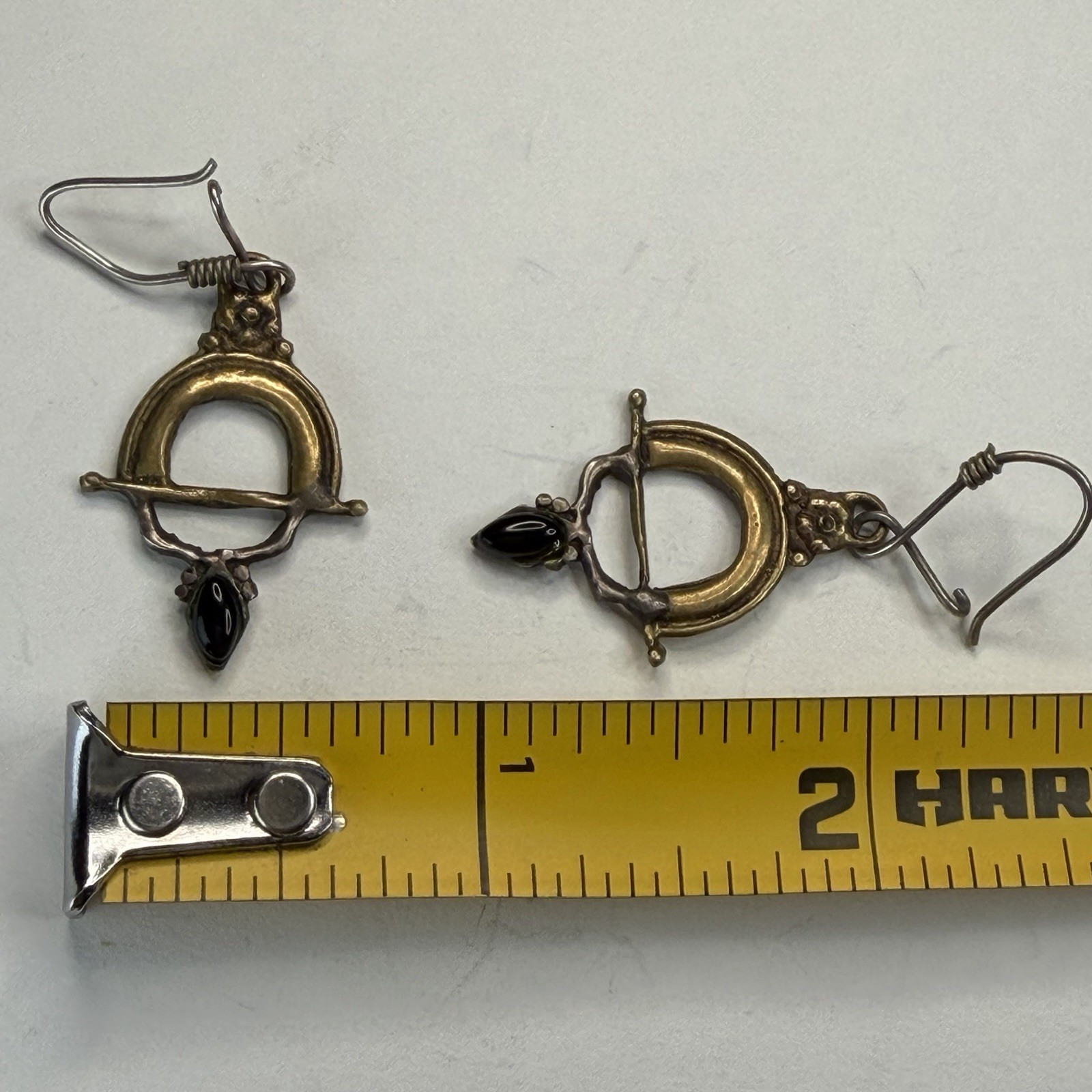 Vintage 925 Mixed Metal Onyx Dangle Earrings Brass Sterling Boho Brutalist
