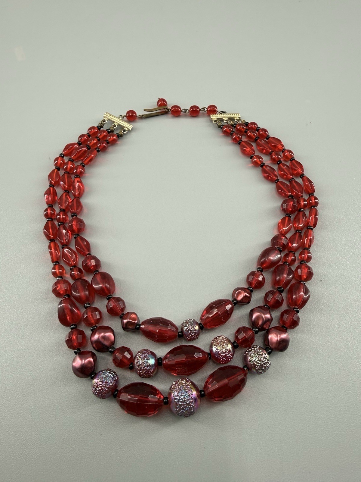 Vintage West Germany Ruby Red Glass Bead 3 Strand Necklace Art Glass Accent