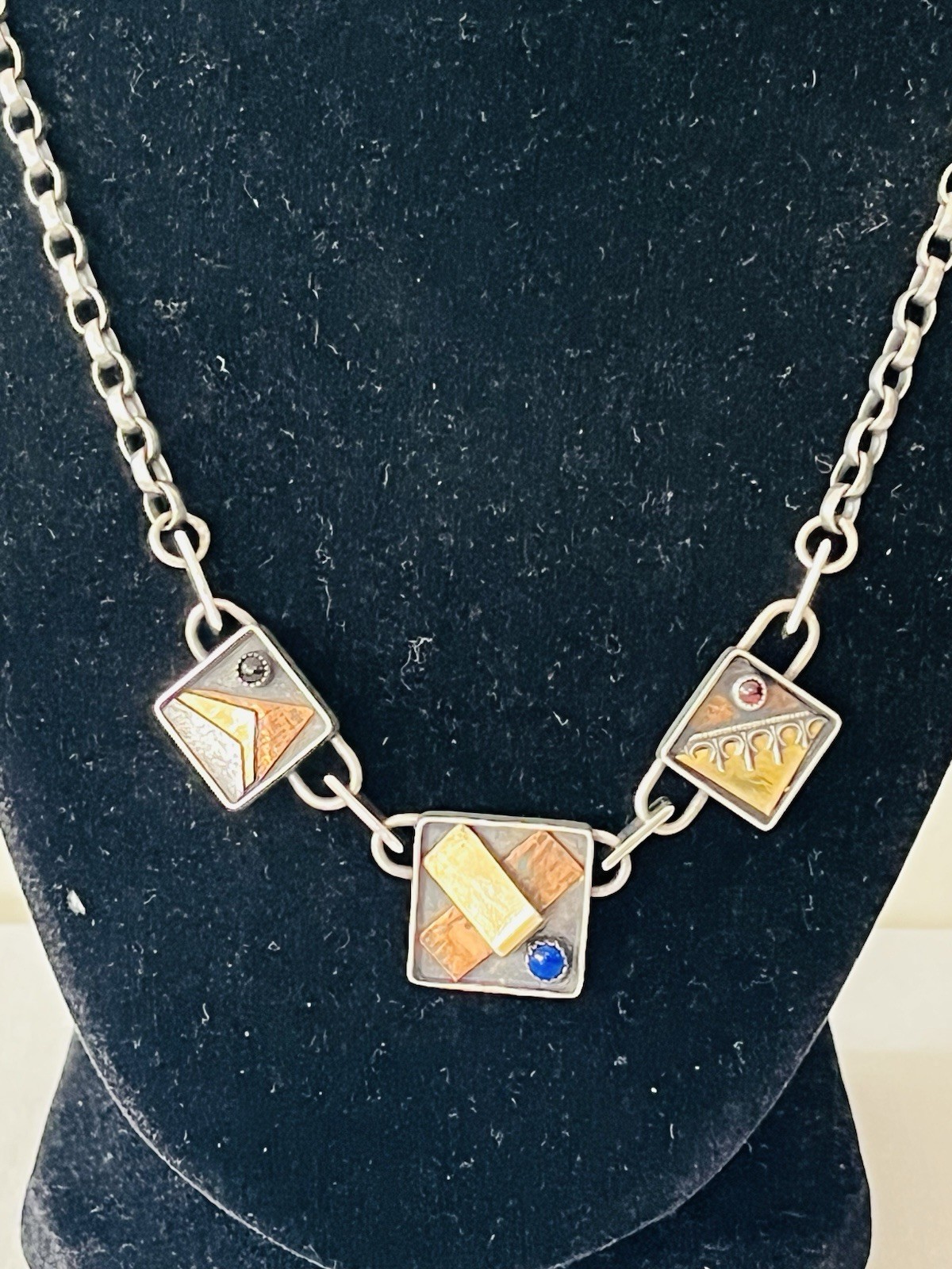 Vintage Signed Modernist Mixed Metal Sterling Silver Stone Link Necklace 32Grams
