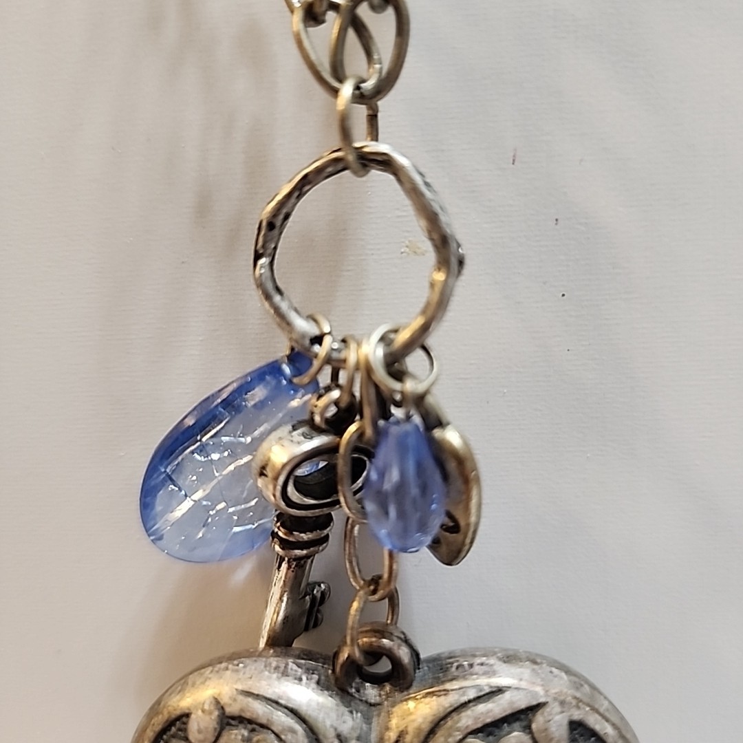 Vintage Style Silver Tone 12″ Necklace With Puffed Heart & Charms ~ Lobster Claw