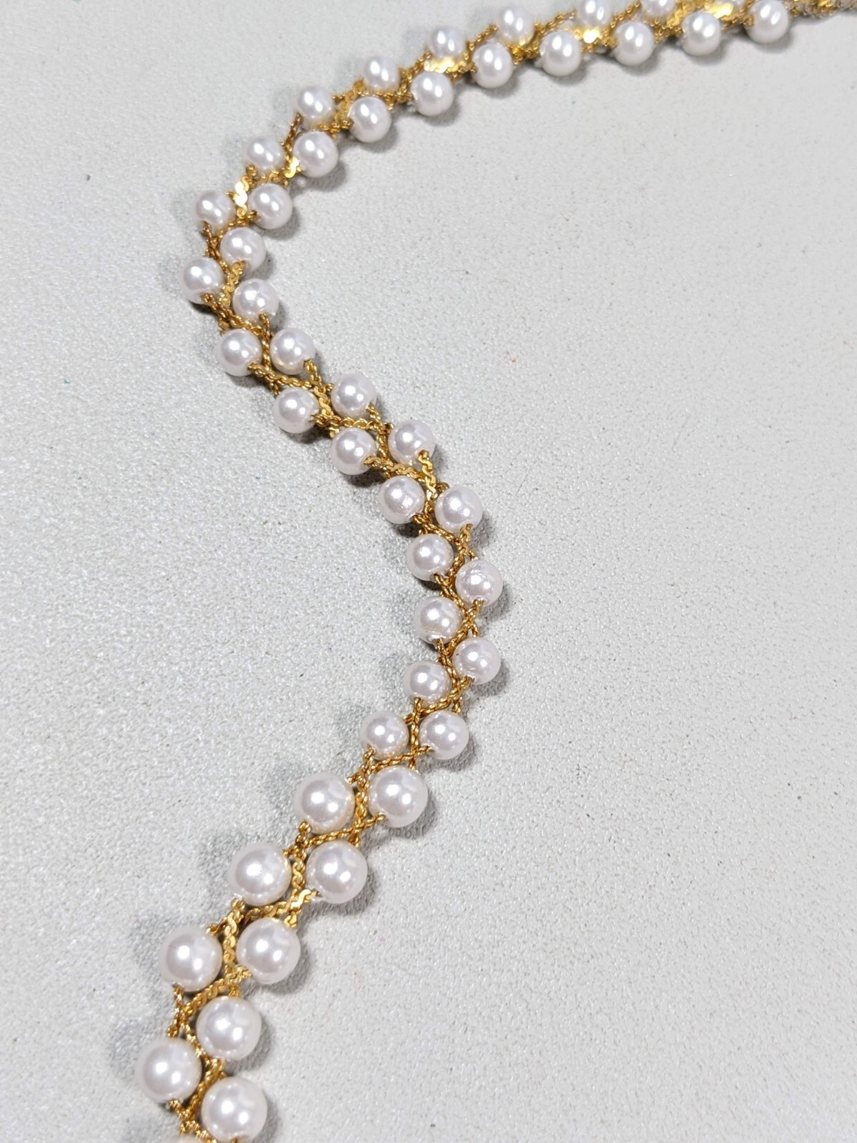 Vintage Vold Tone White Acrylic Faux Pearl Woven Style Braided Necklace 17.5 in