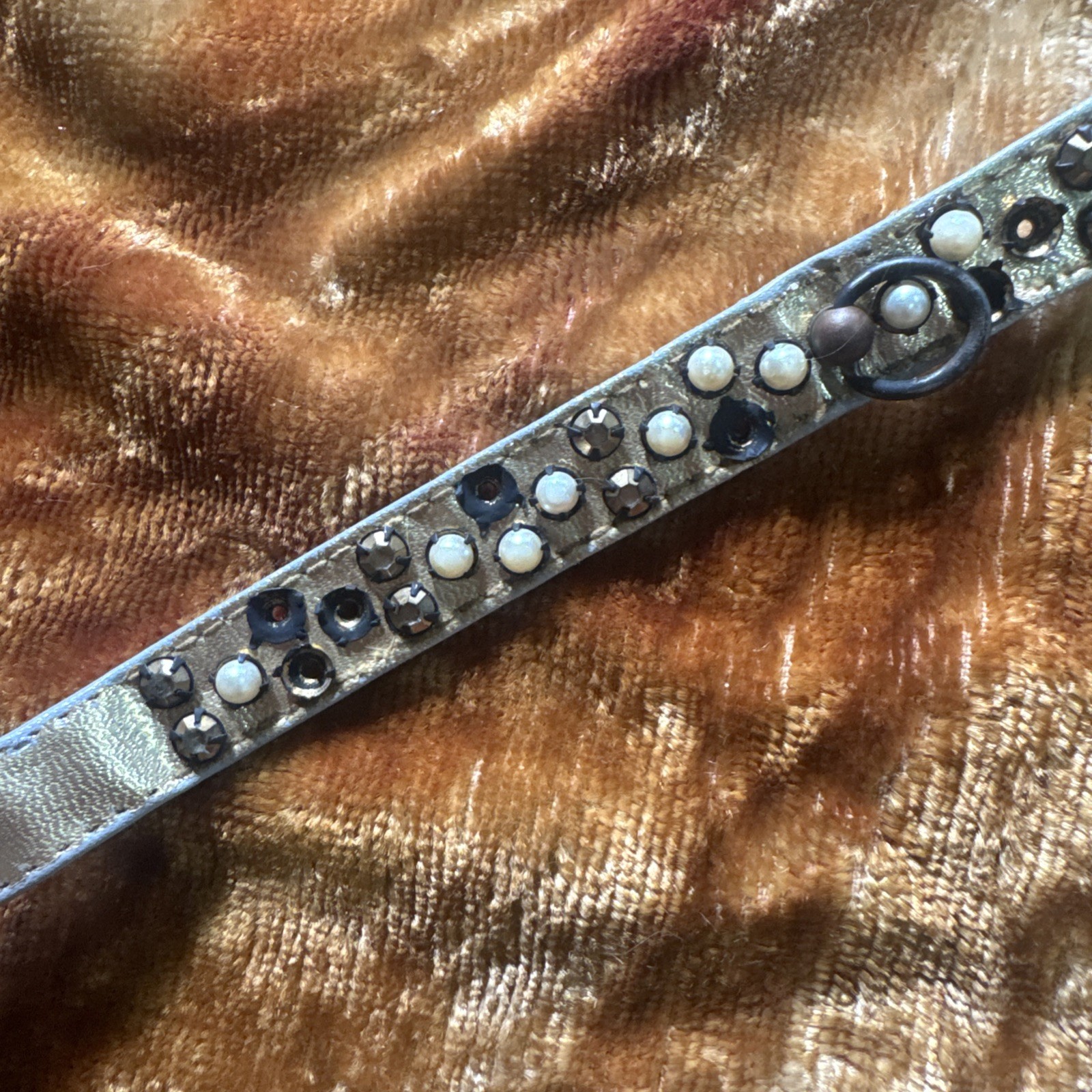 Vintage 1950s Leather & Rhinestone Dog Collar To Be Worn As Choker Necklace