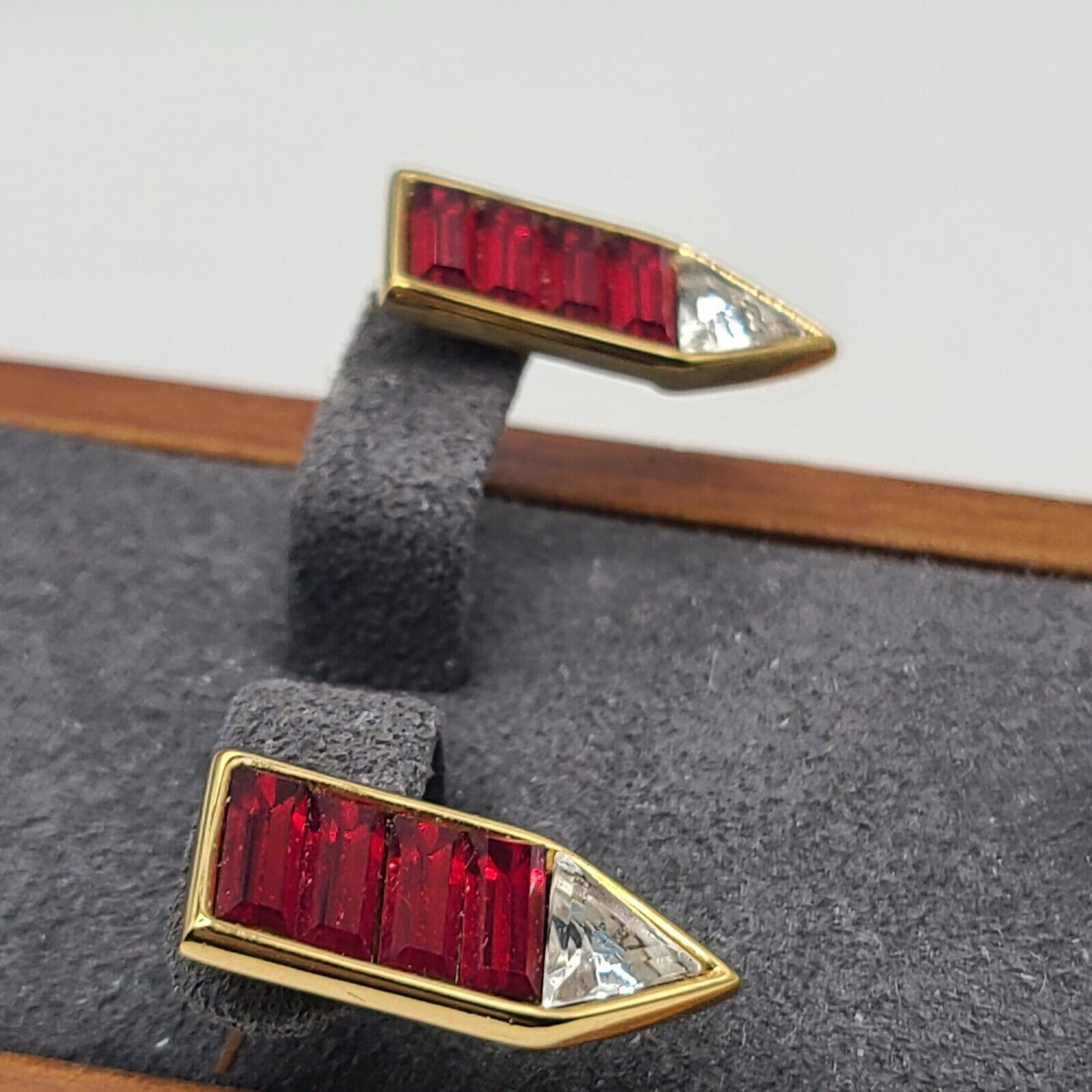 Monet Vintage Signed Peirced Earrings Shiny Gold Red Baguette Crystal Arrow